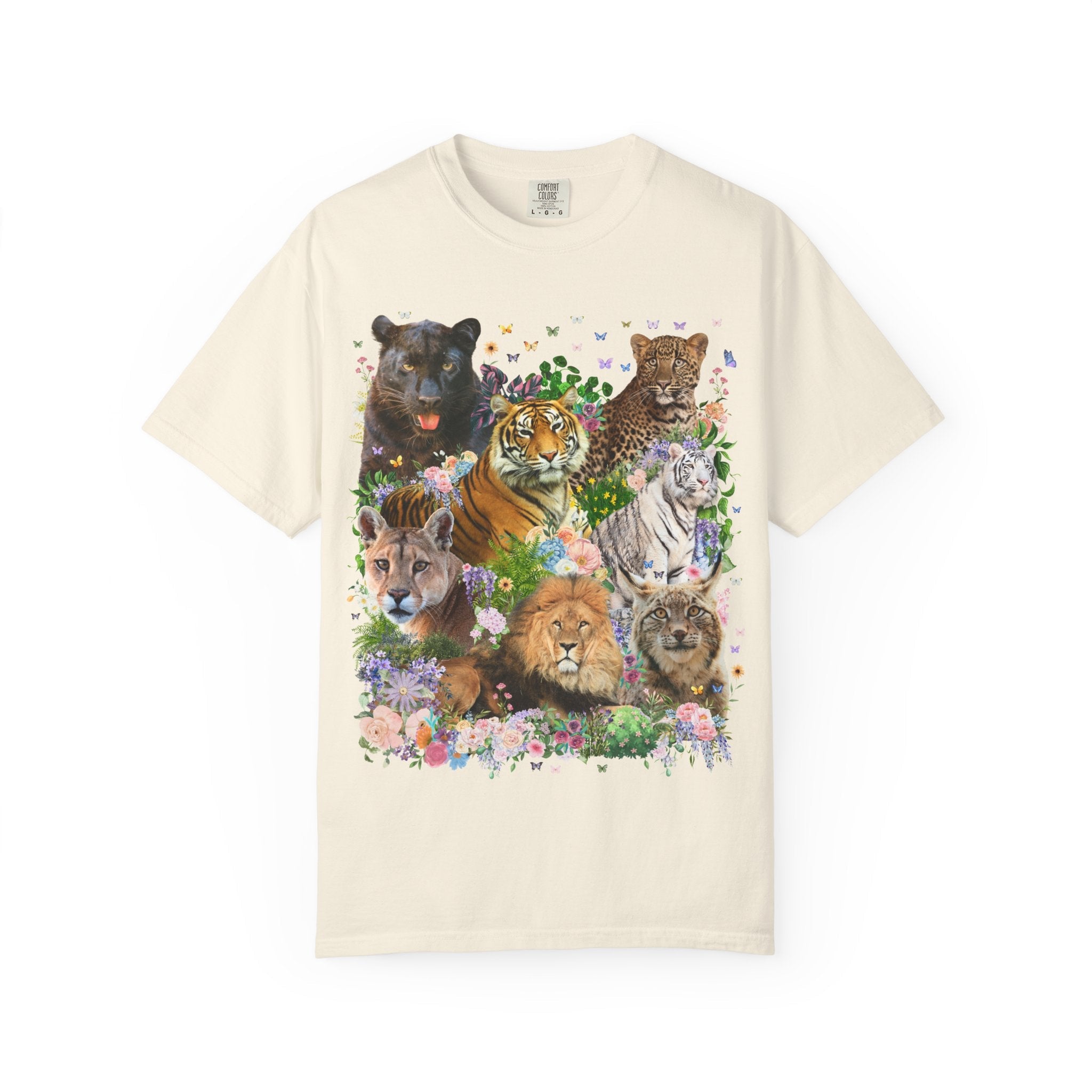 Floral Big Cat Collage Tee Shirt with Butterflies, Animal Lover 90s Aesthetic Wild Goblincore Tee Shirt with Flowers, Lion Panther Lynx Tee - Opal and June