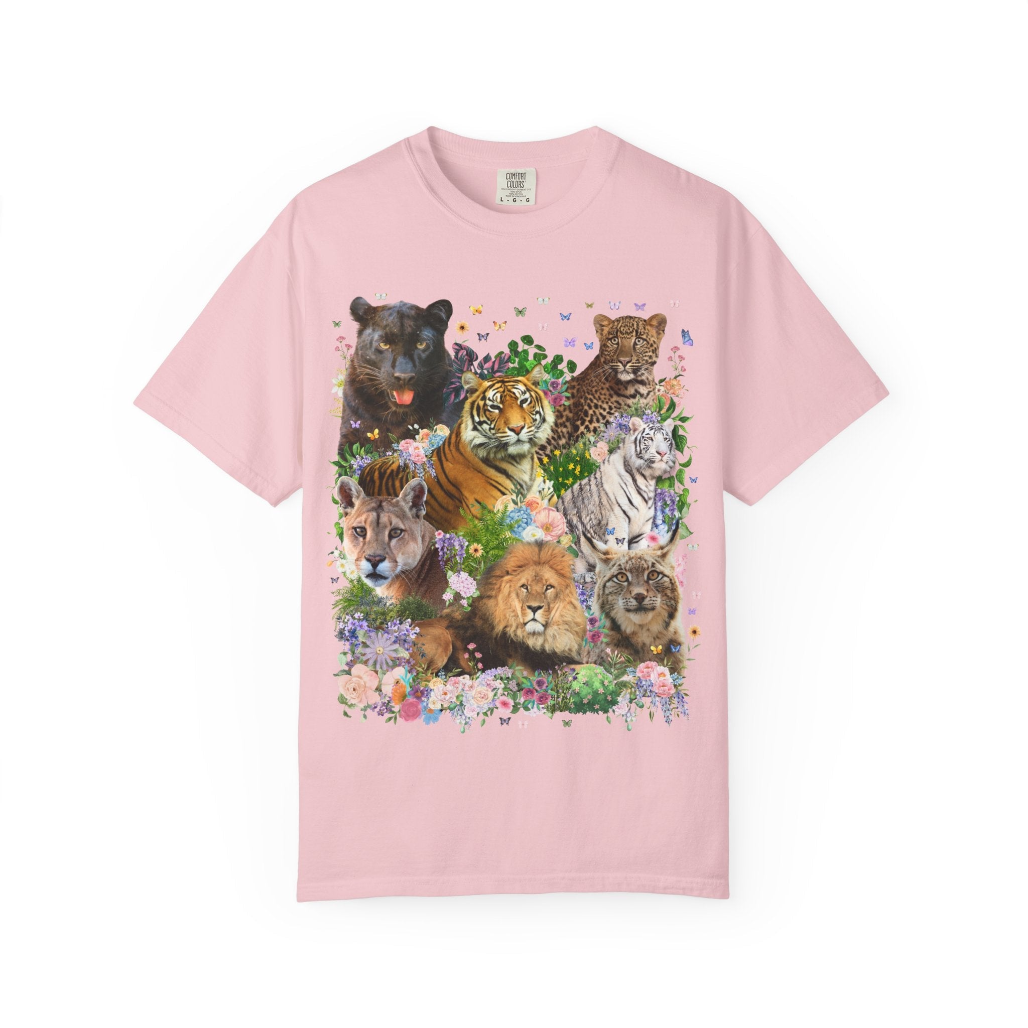 Floral Big Cat Collage Tee Shirt with Butterflies, Animal Lover 90s Aesthetic Wild Goblincore Tee Shirt with Flowers, Lion Panther Lynx Tee - Opal and June