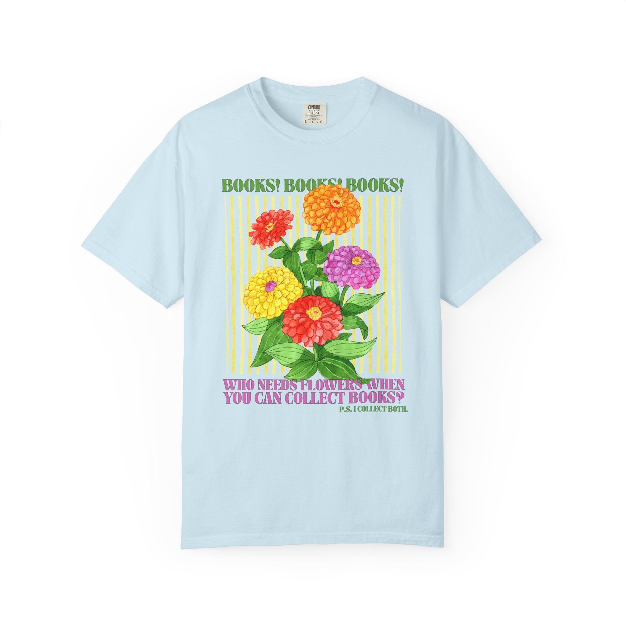 Floral Book Lover Tee Shirt for Reader Who Loves Reading and Cut Flowers, Gift for Mom Who Loves Books, Boho Romance Reader Tee with Zinnias - Opal and June