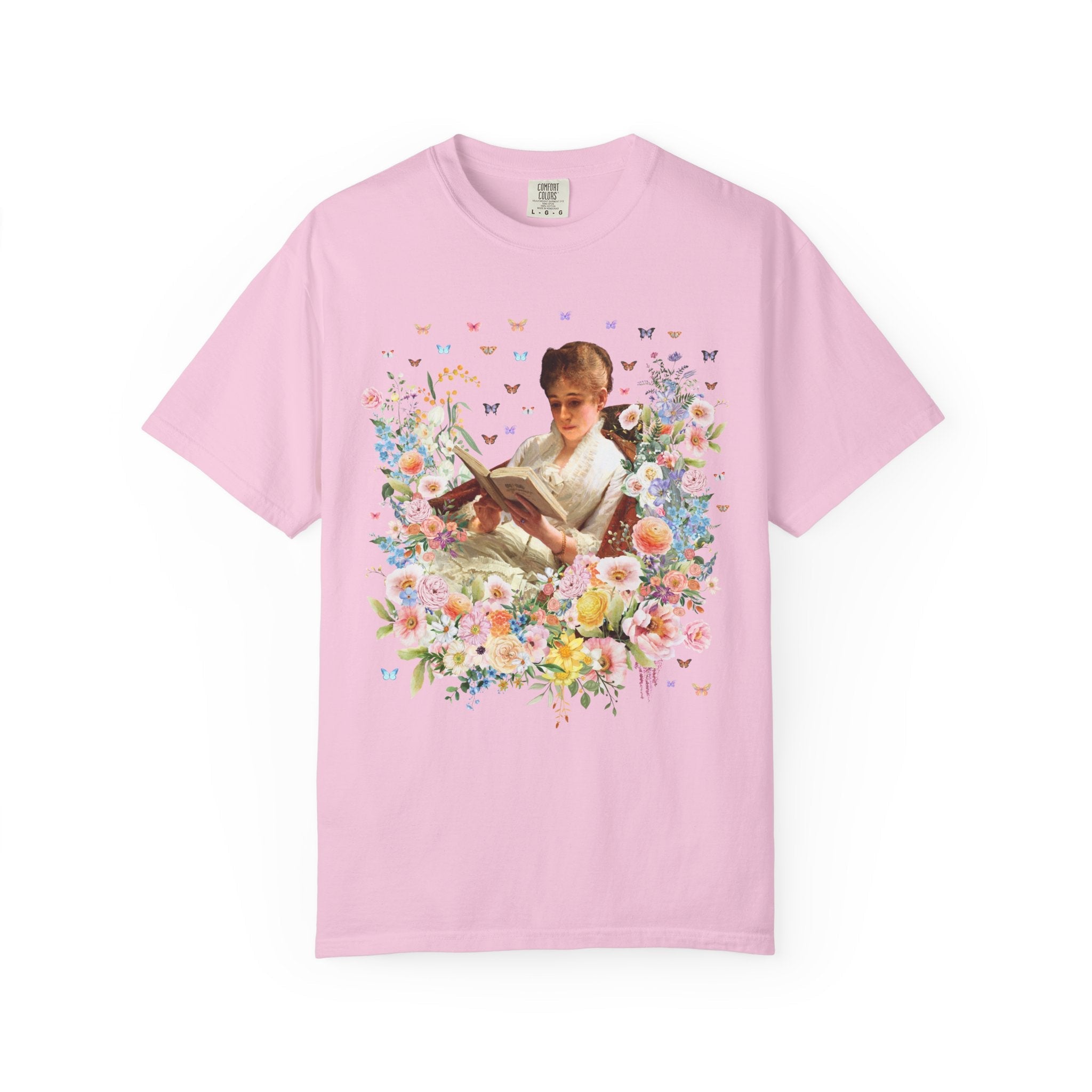 Floral Book Lover Tee Shirt: Portrait of a Woman Reading by Ivan Kramskoi, Floral Goblincore Reading Tee for Librarian or Romance Reader - Opal and June