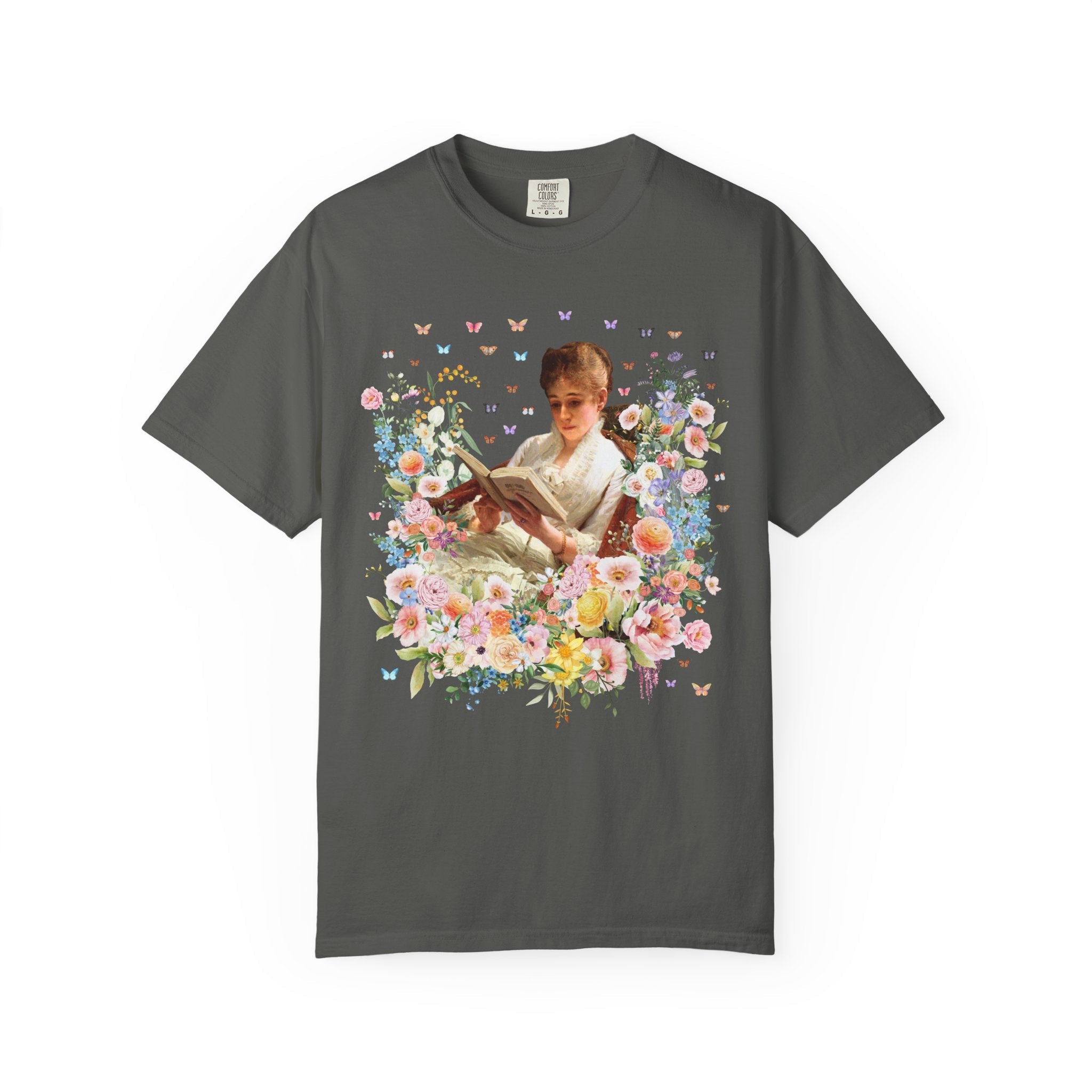 Floral Book Lover Tee Shirt: Portrait of a Woman Reading by Ivan Kramskoi, Floral Goblincore Reading Tee for Librarian or Romance Reader - Opal and June