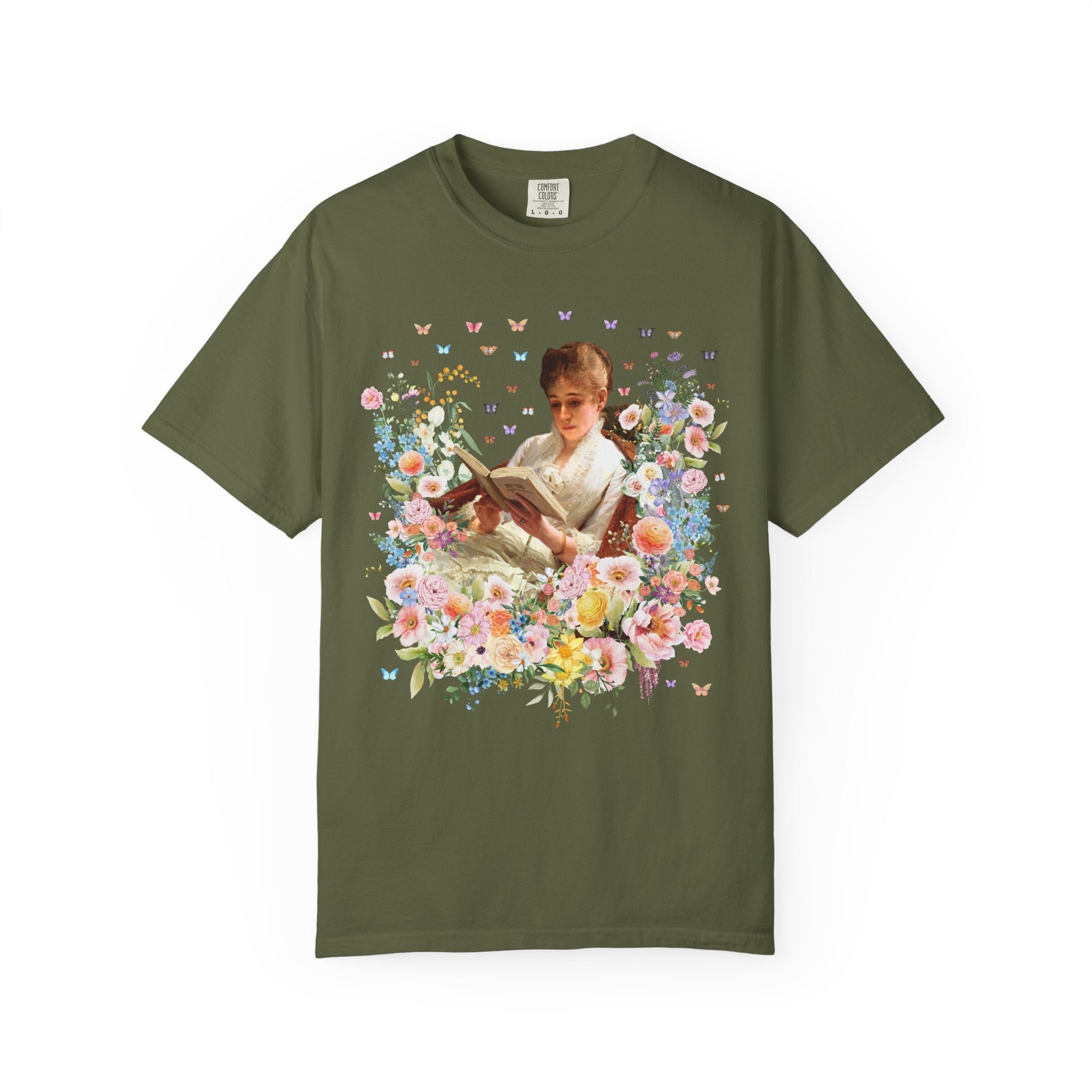 Floral Book Lover Tee Shirt: Portrait of a Woman Reading by Ivan Kramskoi, Floral Goblincore Reading Tee for Librarian or Romance Reader - Opal and June
