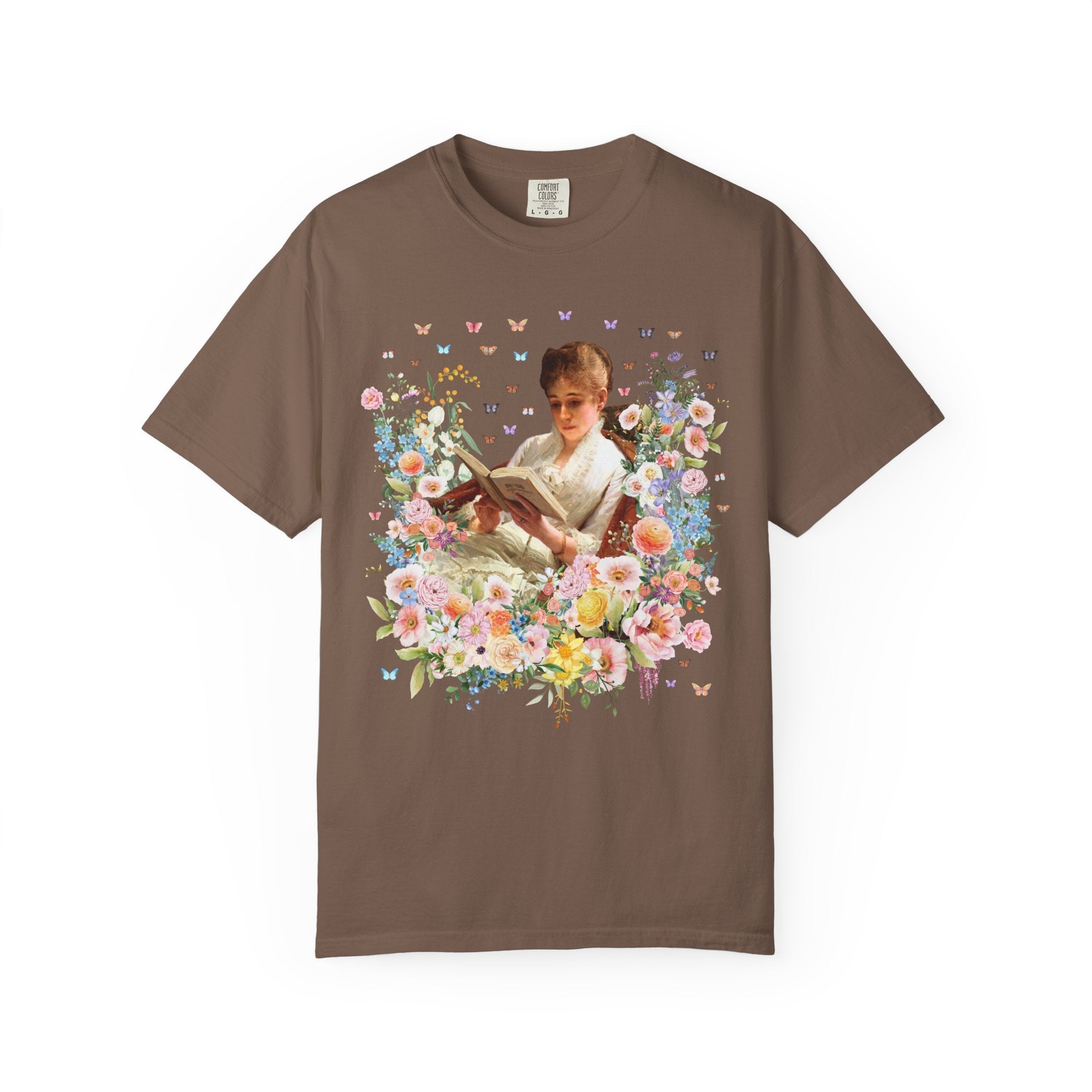 Floral Book Lover Tee Shirt: Portrait of a Woman Reading by Ivan Kramskoi, Floral Goblincore Reading Tee for Librarian or Romance Reader - Opal and June