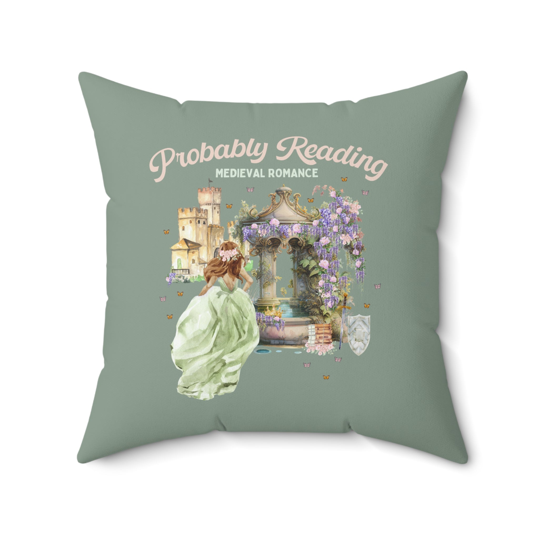 Floral Bookish Gift for Historical Fiction Romance Reader: Probably Reading Medieval Romance | Historical Romance Reader Pillow with Flowers - Opal and June