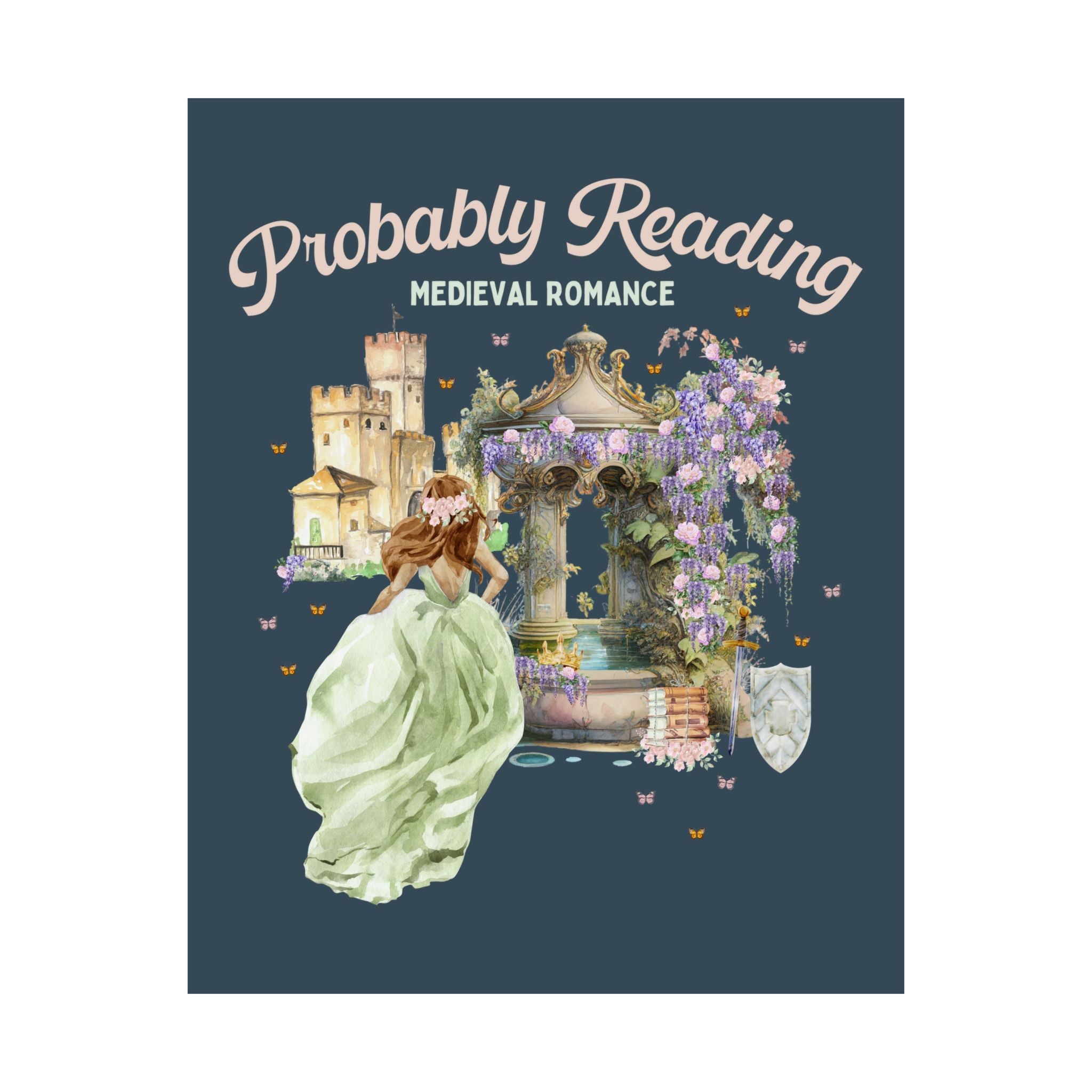 Floral Bookish Poster, Historical Fiction Romance Reader: Probably Reading Medieval Romance, Librarian or Historical Romance Reader Decor - Opal and June