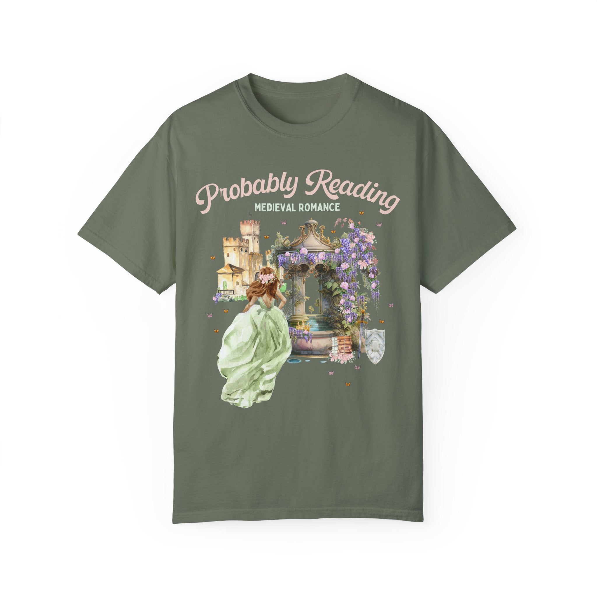 Floral Bookish Shirt for Historical Fiction Romance Reader: Probably Reading Medieval Romance | T for Librarian or Historical Romance Reader - Opal and June