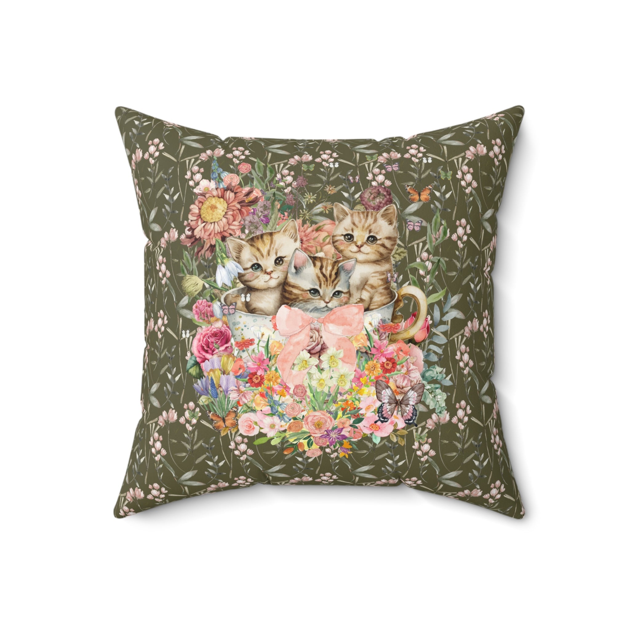 Floral Cottagecore Cat Pillow for Cat Mom: Funny Watercolor Kittens in Cup - Opal and June