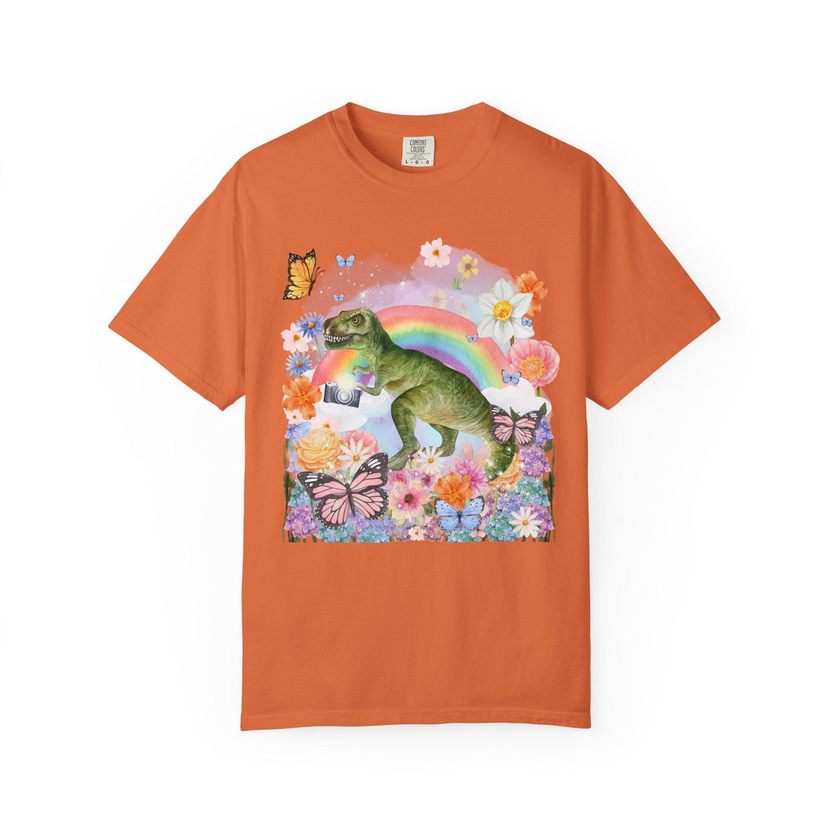 Floral Dinosaur Holding a Camera: Funny Photographer Tee - Opal and June