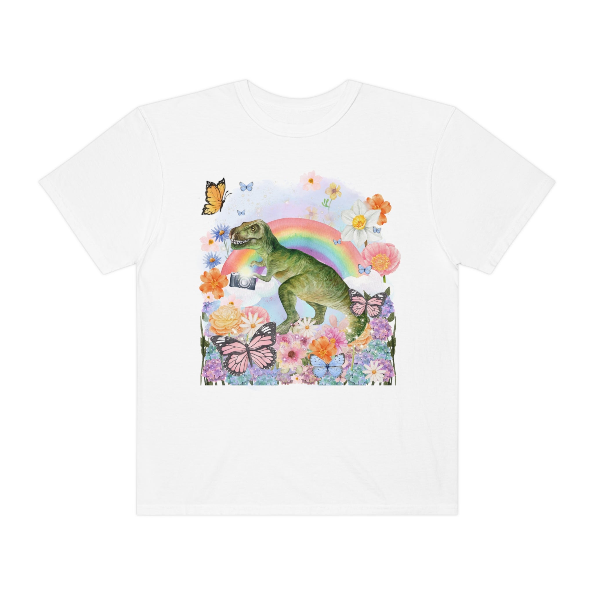 Floral Dinosaur Holding a Camera: Funny Photographer Tee - Opal and June