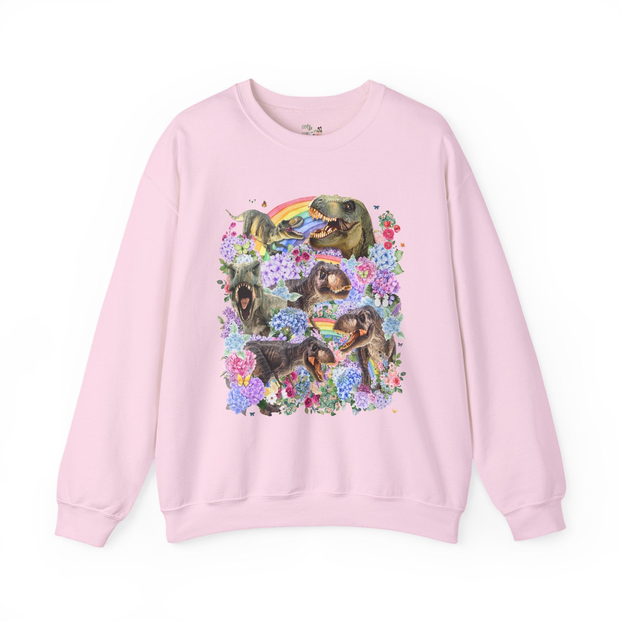 Floral Dinosaur Lover Sweatshirt with Rainbows and Hydrangea Flowers, Butterly Lover T - Rex Crewneck for Paleontologist or Science Major - Opal and June