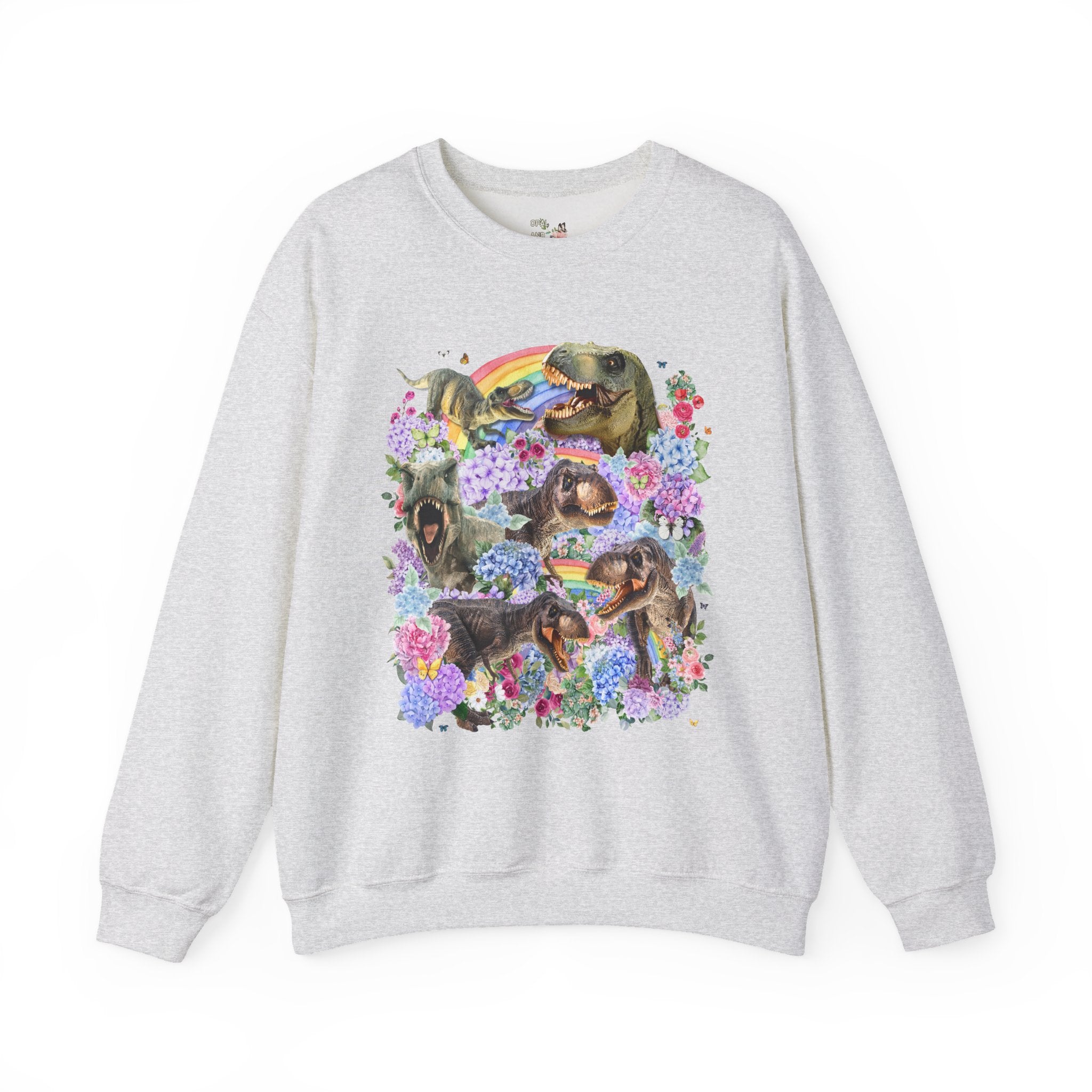Floral Dinosaur Lover Sweatshirt with Rainbows and Hydrangea Flowers, Butterly Lover T - Rex Crewneck for Paleontologist or Science Major - Opal and June