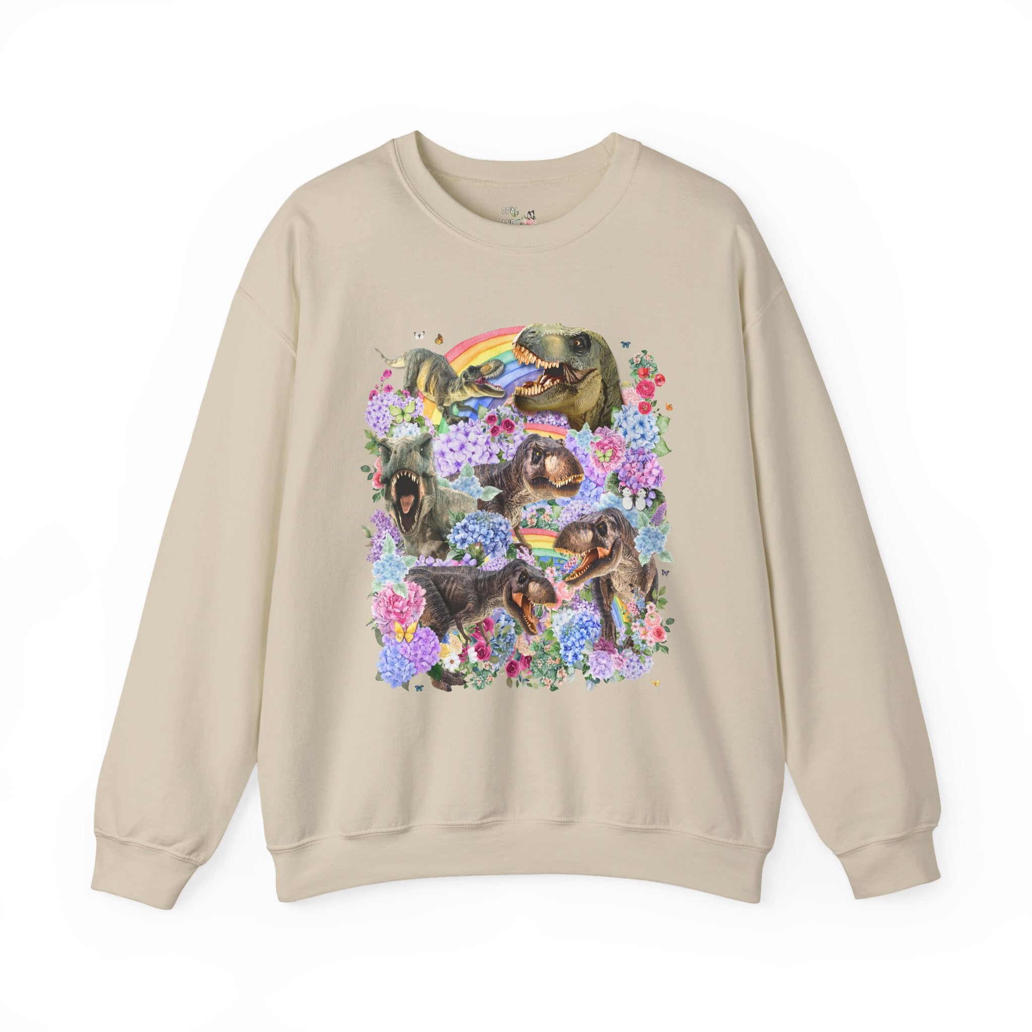 Floral Dinosaur Lover Sweatshirt with Rainbows and Hydrangea Flowers, Butterly Lover T - Rex Crewneck for Paleontologist or Science Major - Opal and June
