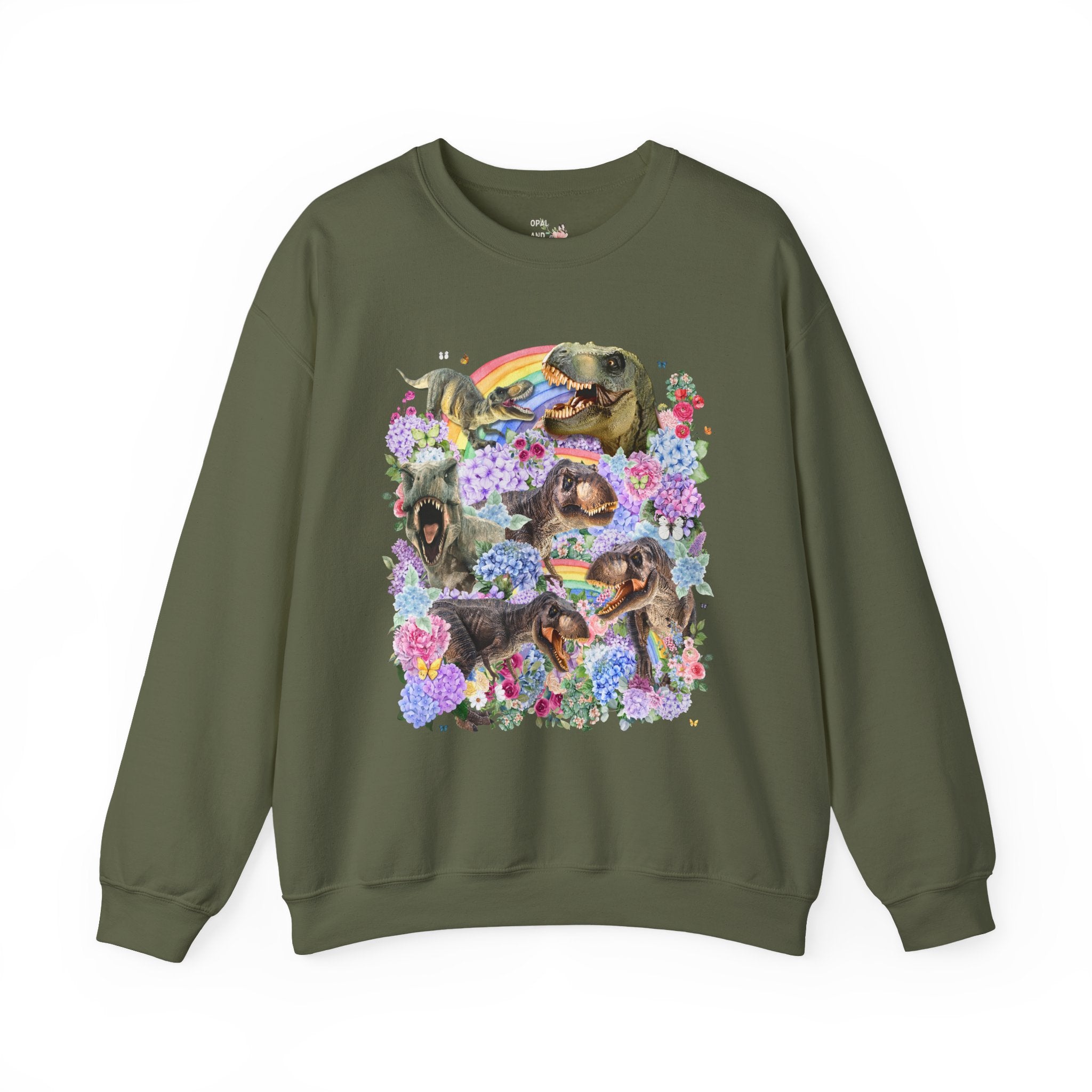 Floral Dinosaur Lover Sweatshirt with Rainbows and Hydrangea Flowers, Butterly Lover T - Rex Crewneck for Paleontologist or Science Major - Opal and June
