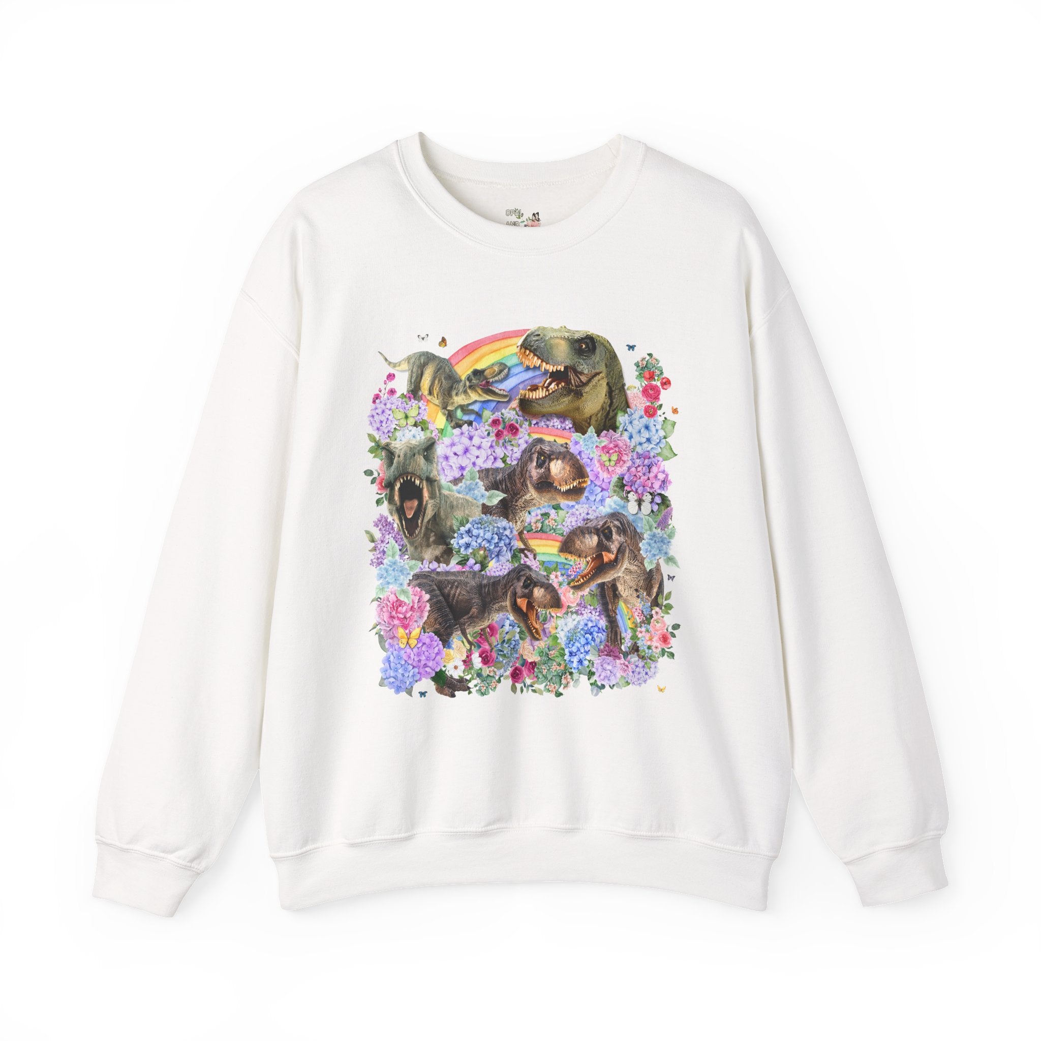 Floral Dinosaur Lover Sweatshirt with Rainbows and Hydrangea Flowers, Butterly Lover T - Rex Crewneck for Paleontologist or Science Major - Opal and June