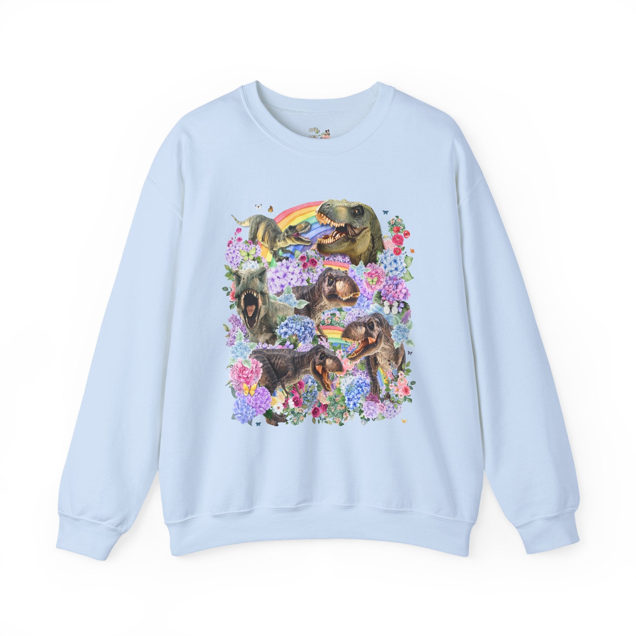 Floral Dinosaur Lover Sweatshirt with Rainbows and Hydrangea Flowers, Butterly Lover T - Rex Crewneck for Paleontologist or Science Major - Opal and June
