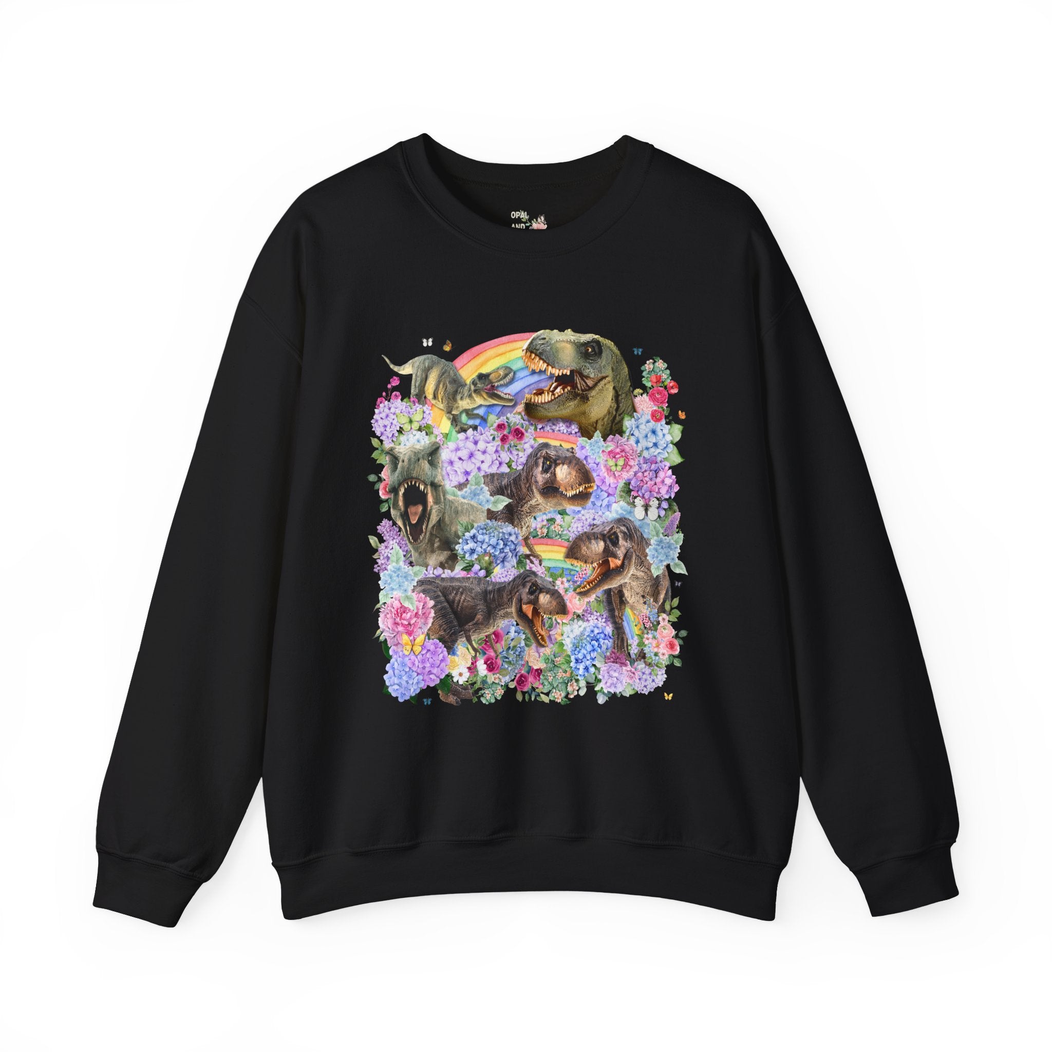 Floral Dinosaur Lover Sweatshirt with Rainbows and Hydrangea Flowers, Butterly Lover T - Rex Crewneck for Paleontologist or Science Major - Opal and June