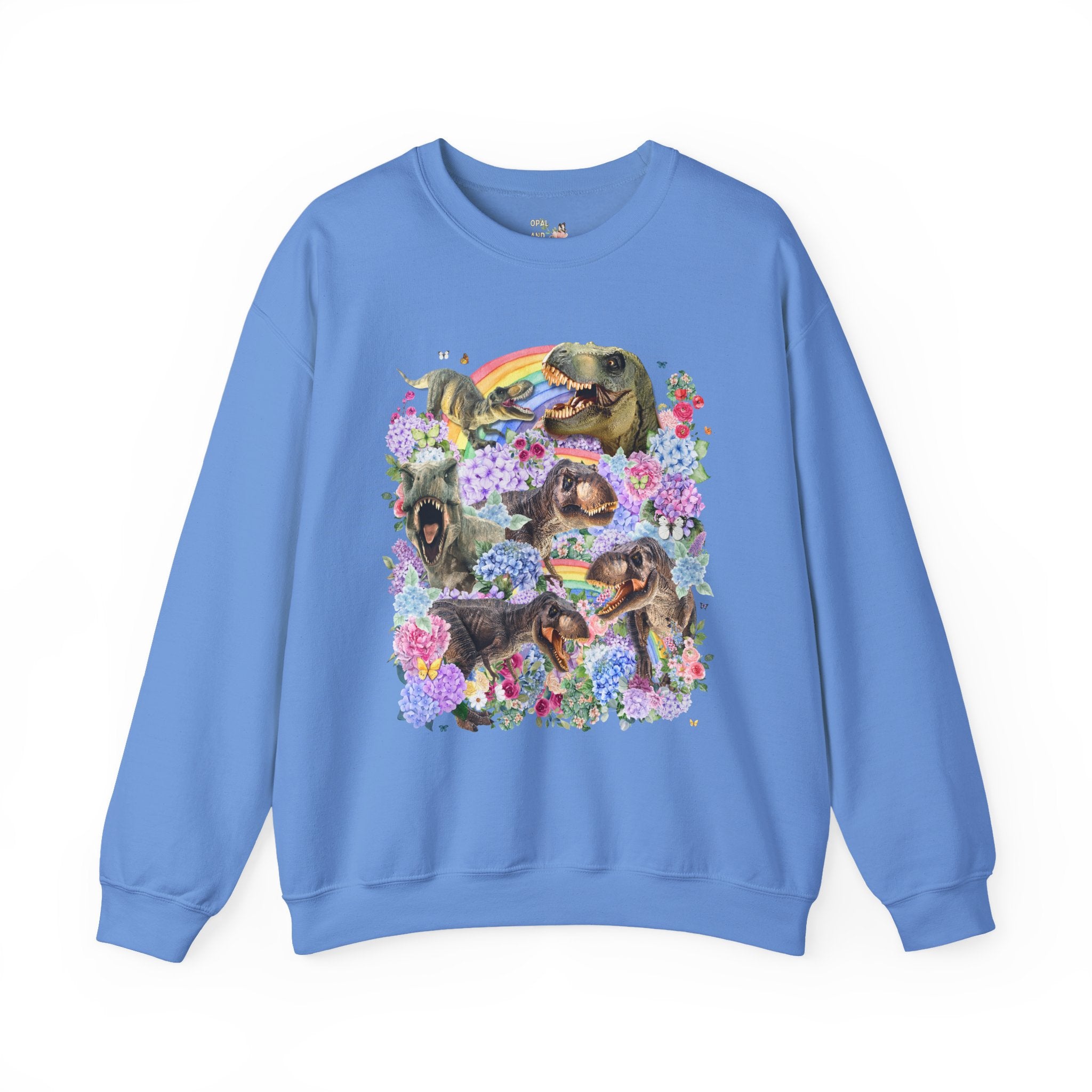 Floral Dinosaur Lover Sweatshirt with Rainbows and Hydrangea Flowers, Butterly Lover T - Rex Crewneck for Paleontologist or Science Major - Opal and June