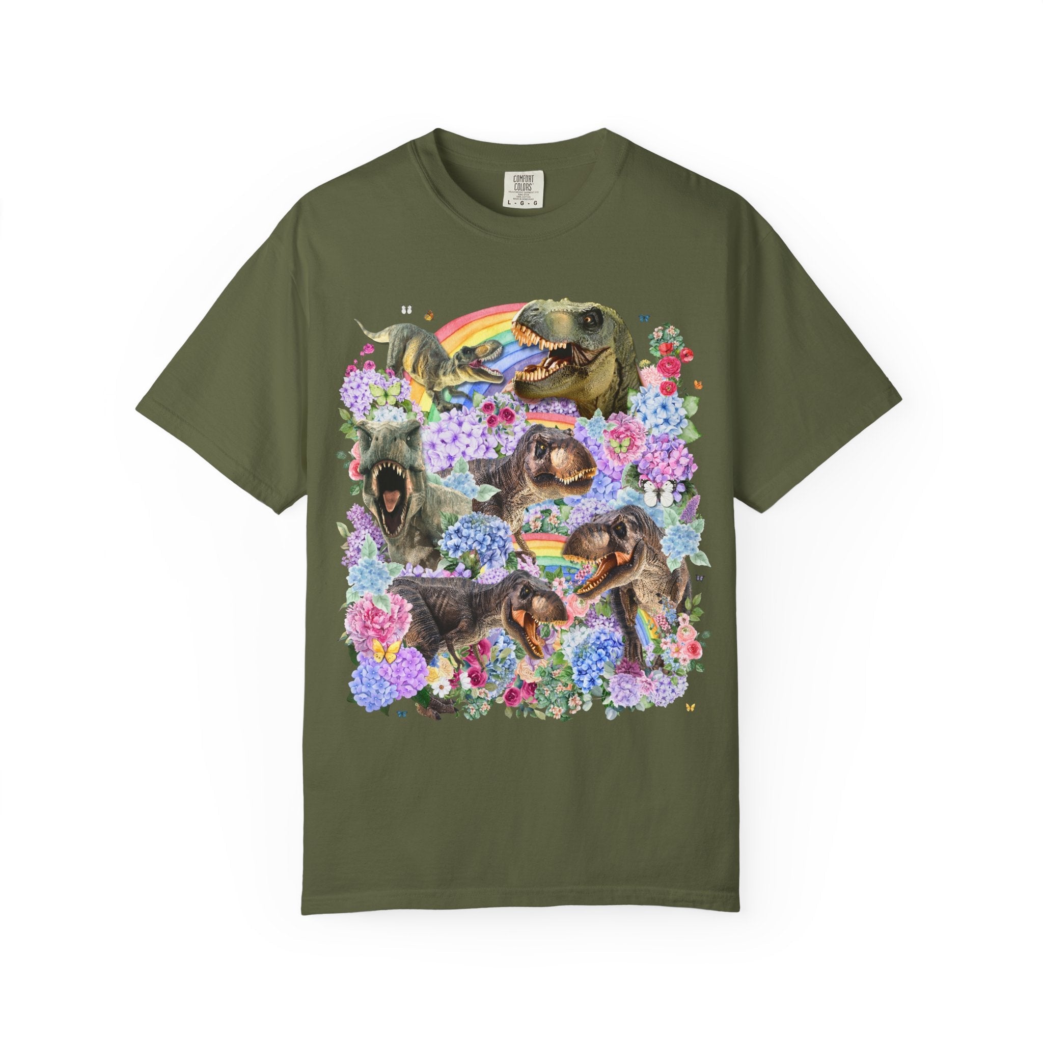 Floral Dinosaur Lover Tee Shirt with Rainbows and Hydrangea Flowers, Butterly Lover T - Rex Tee Shirt for Paleontologist or Science Major - Opal and June