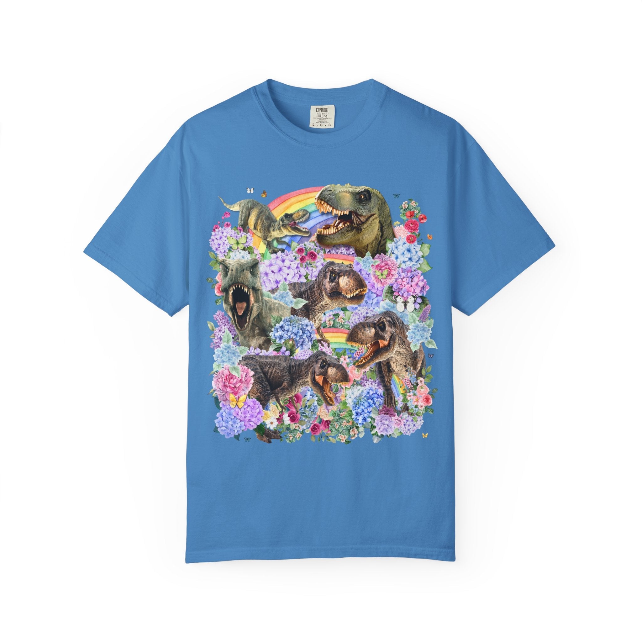 Floral Dinosaur Lover Tee Shirt with Rainbows and Hydrangea Flowers, Butterly Lover T - Rex Tee Shirt for Paleontologist or Science Major - Opal and June