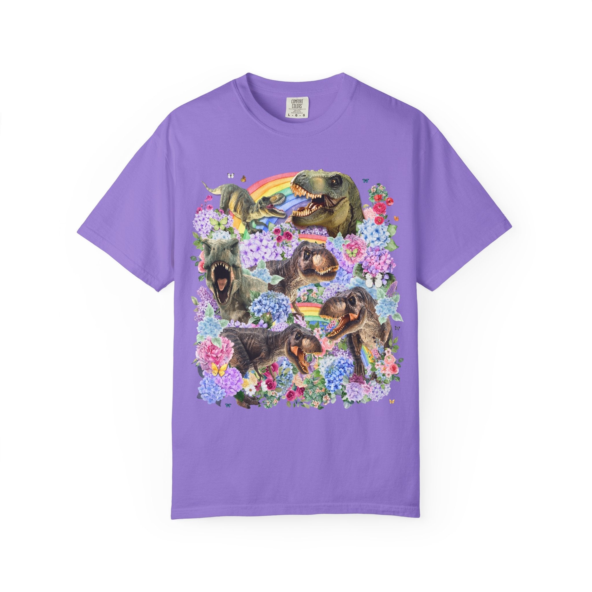 Floral Dinosaur Lover Tee Shirt with Rainbows and Hydrangea Flowers, Butterly Lover T - Rex Tee Shirt for Paleontologist or Science Major - Opal and June