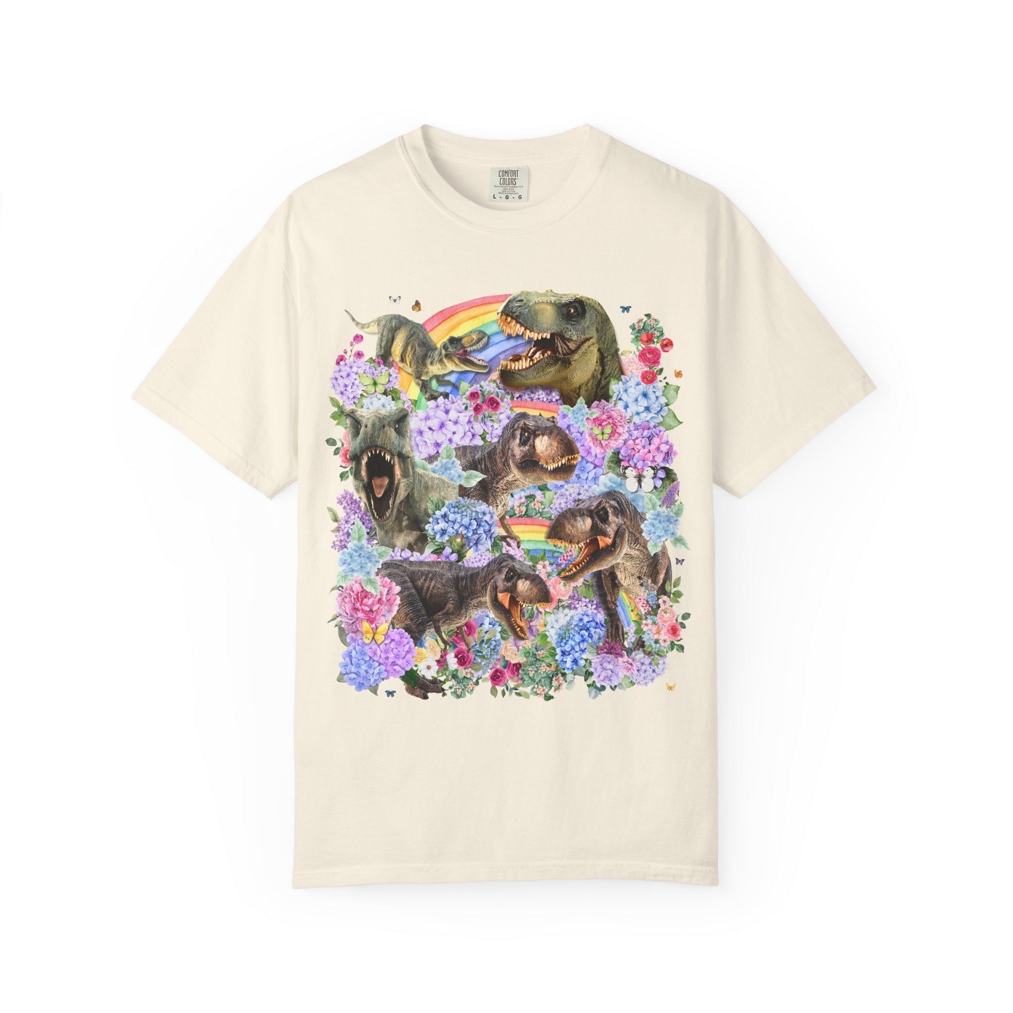 Floral Dinosaur Lover Tee Shirt with Rainbows and Hydrangea Flowers, Butterly Lover T - Rex Tee Shirt for Paleontologist or Science Major - Opal and June