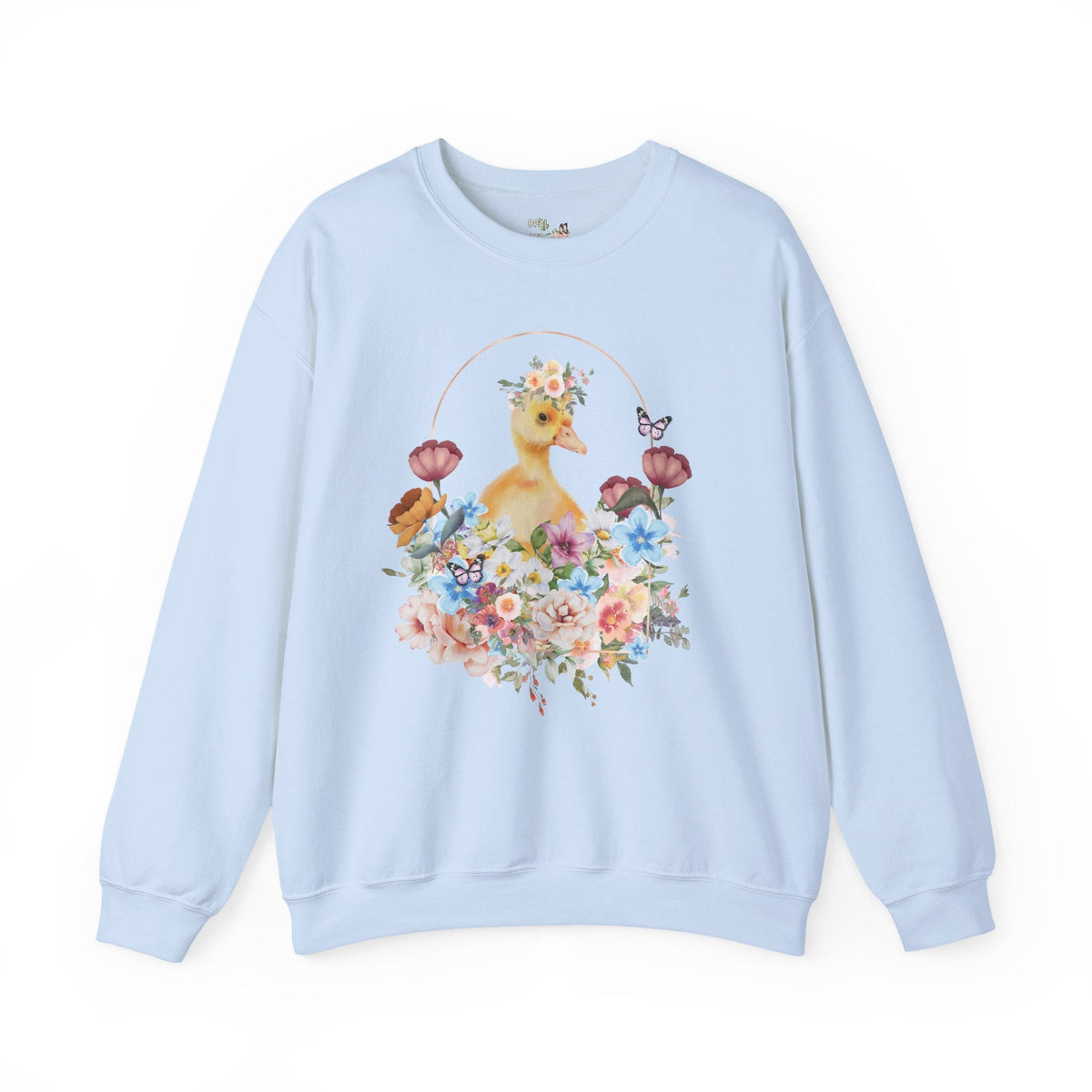 Floral Duck Sweatshirt with Butterfly | Cute Duck Sweatshirt, Floral Collage Sweatshirt, Duck with Flower Crown, Duckling Sitting in Flowers - Opal and June