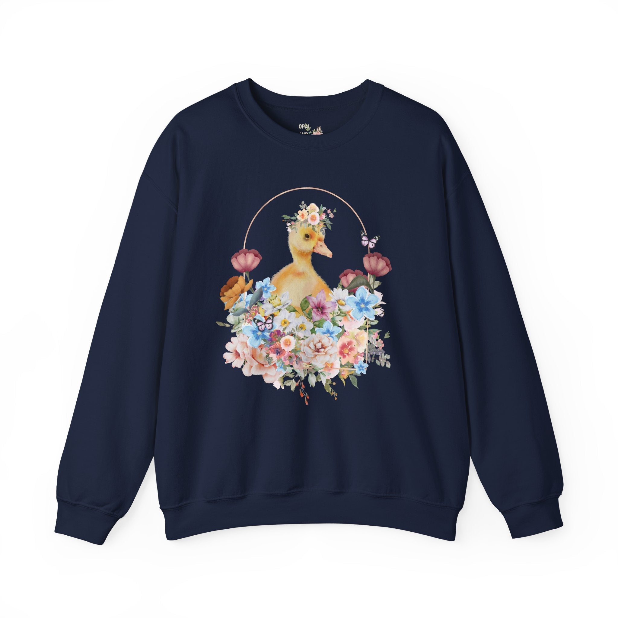 Floral Duck Sweatshirt with Butterfly | Cute Duck Sweatshirt, Floral Collage Sweatshirt, Duck with Flower Crown, Duckling Sitting in Flowers - Opal and June