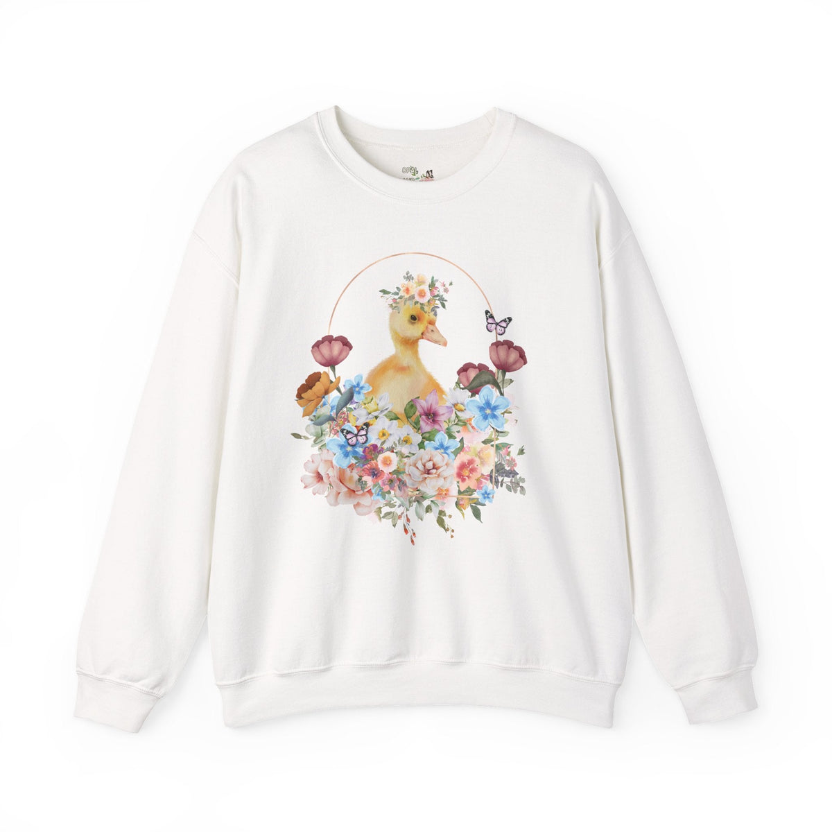 Floral Duck Sweatshirt with Butterfly | Cute Duck Sweatshirt, Floral Collage Sweatshirt, Duck with Flower Crown, Duckling Sitting in Flowers - Opal and June