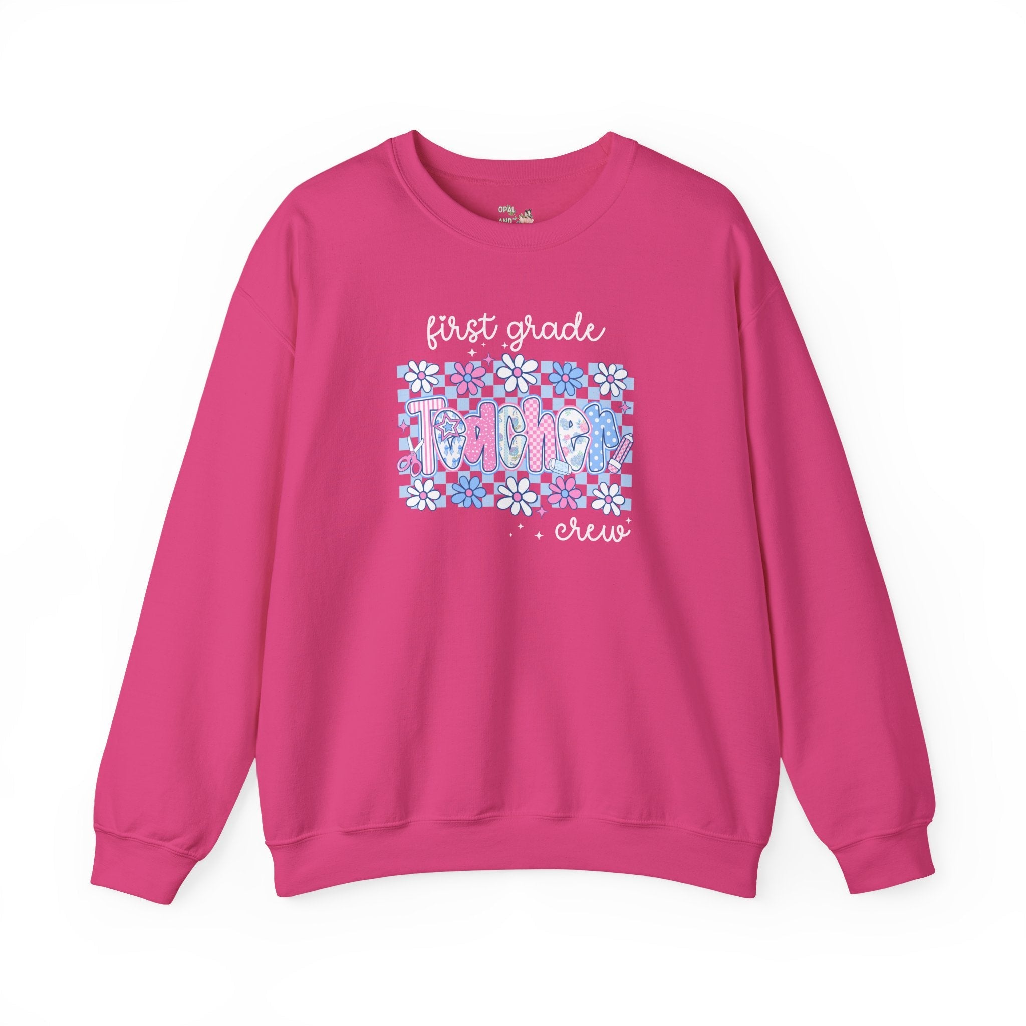 Floral First Grade Crew Matching Teacher Sweatshirt, Back To School First Grade Team Shirt, First Day of School or Meet the Teacher Night - Opal and June