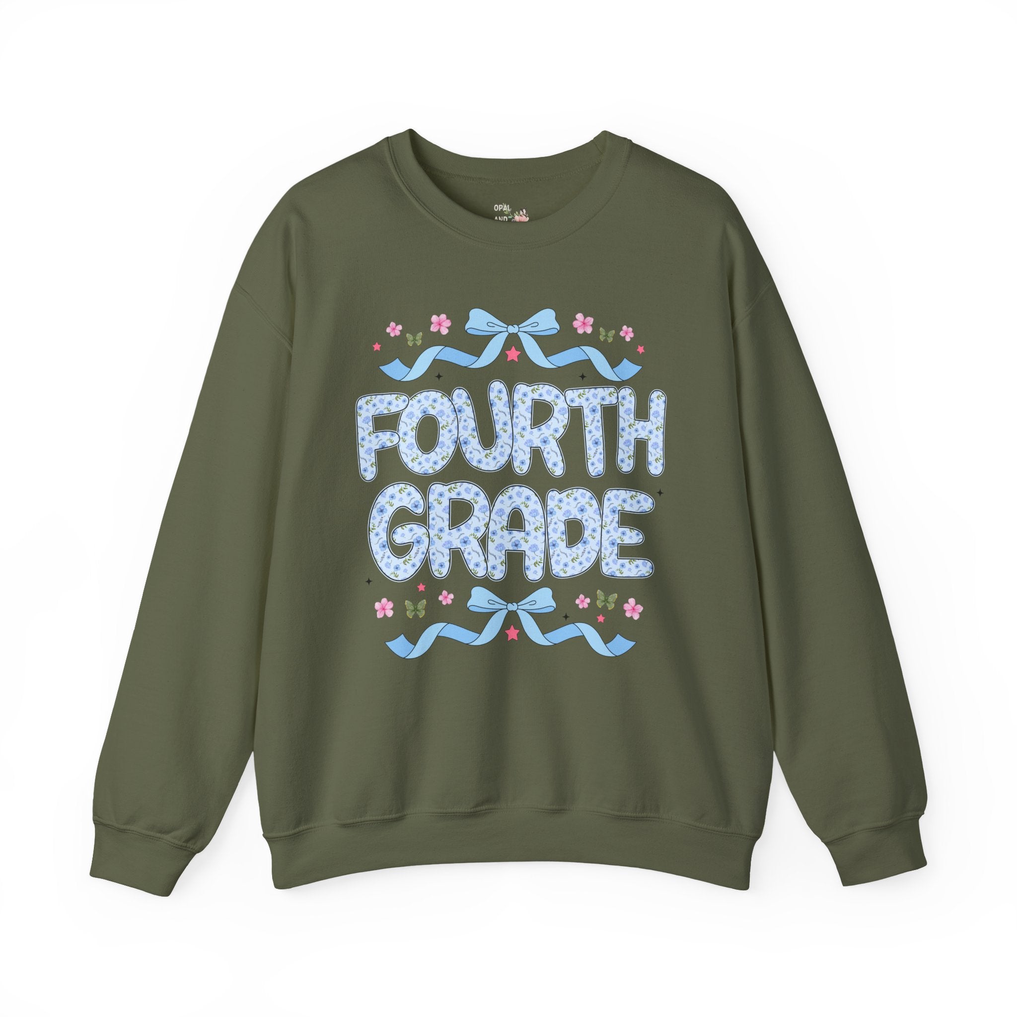 Floral Fourth Grade Teacher Sweatshirt, Matching Teacher Team Sweatshirt with Bow and Flowers, Cute Dreamcore 90s Aesthetic Back to School - Opal and June