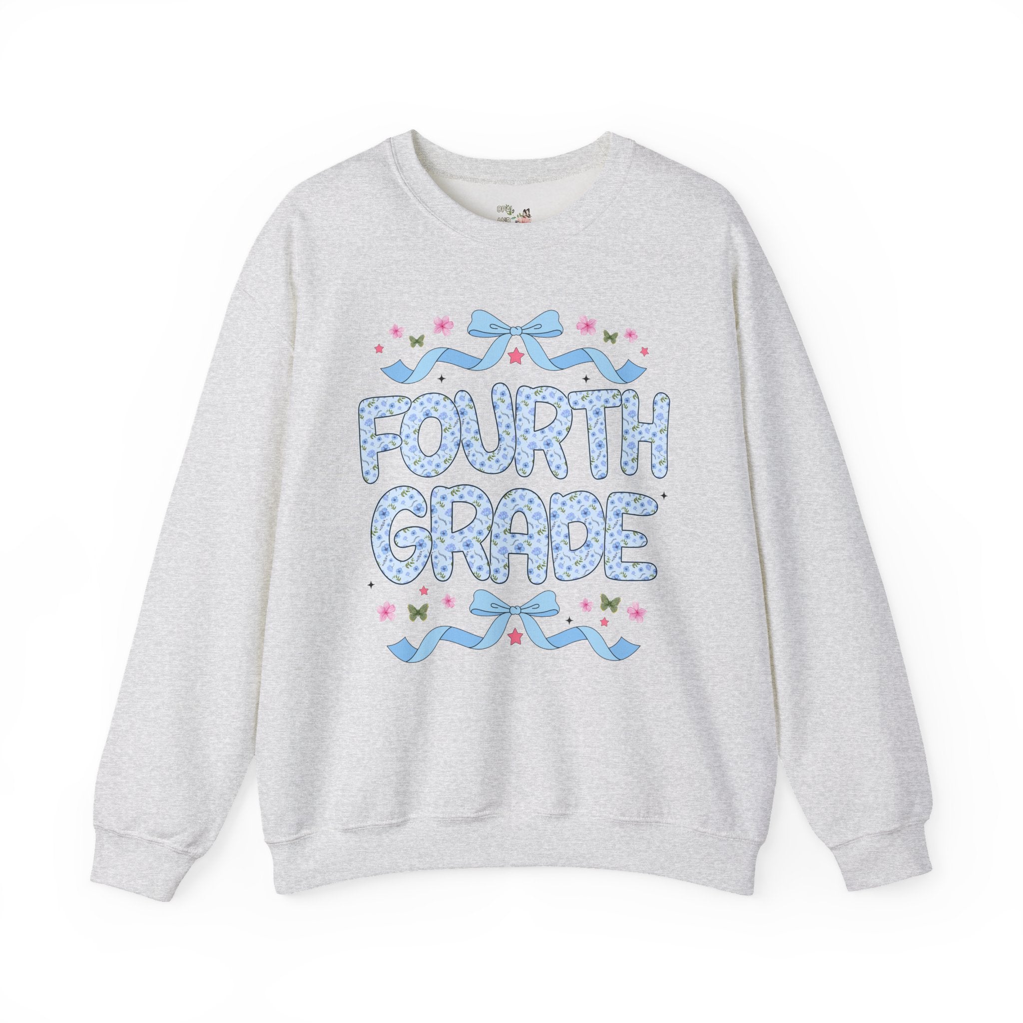 Floral Fourth Grade Teacher Sweatshirt, Matching Teacher Team Sweatshirt with Bow and Flowers, Cute Dreamcore 90s Aesthetic Back to School - Opal and June