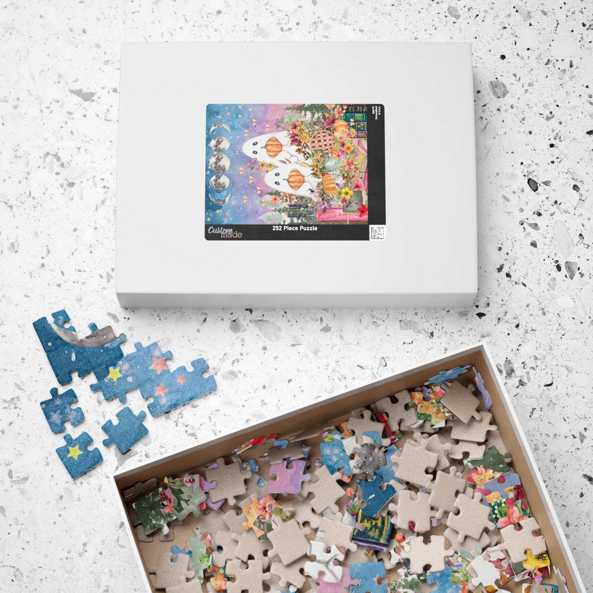 Floral Ghost Halloween Puzzle with Cute Ghosts Holding Pumpkins - Opal and June