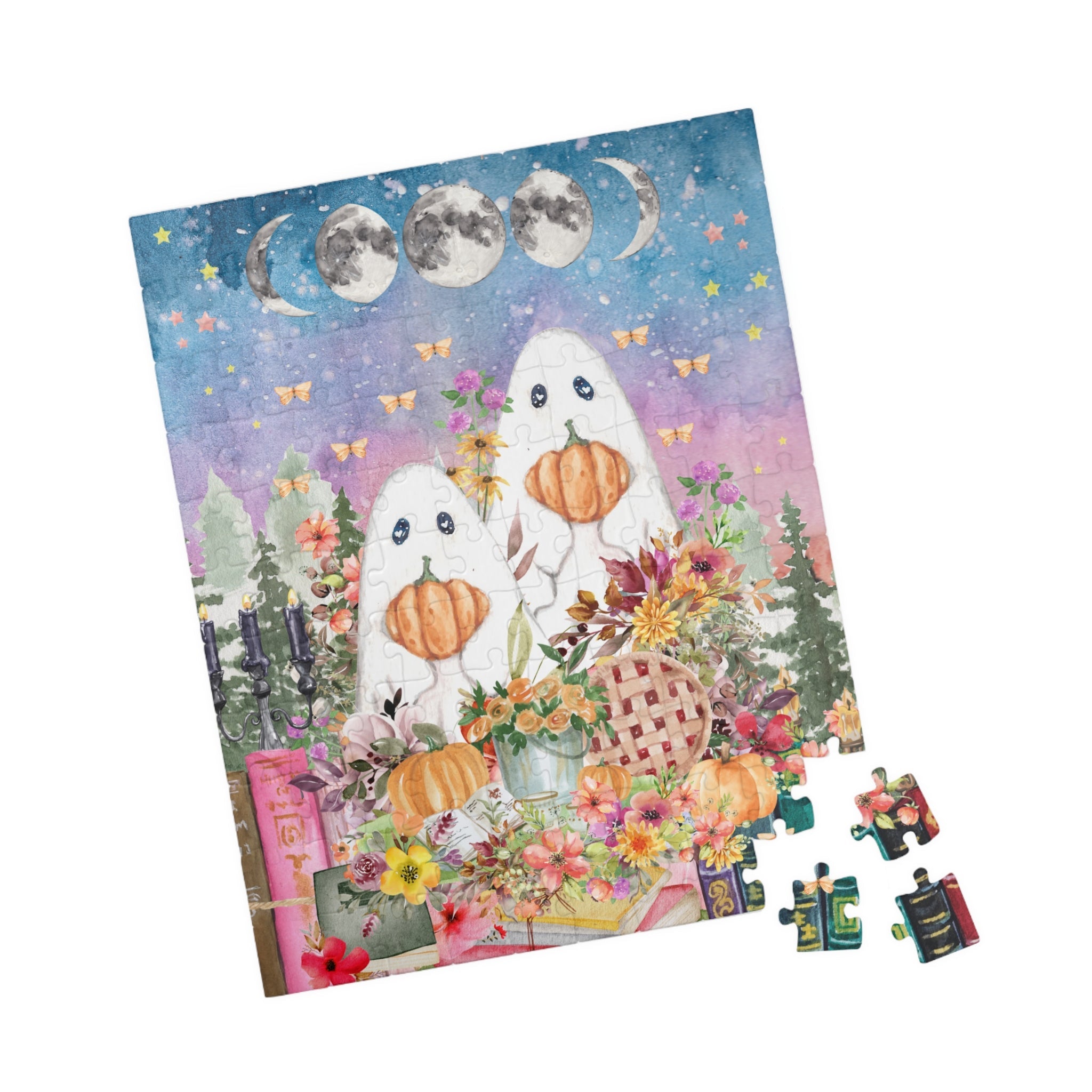 Floral Ghost Halloween Puzzle with Cute Ghosts Holding Pumpkins - Opal and June