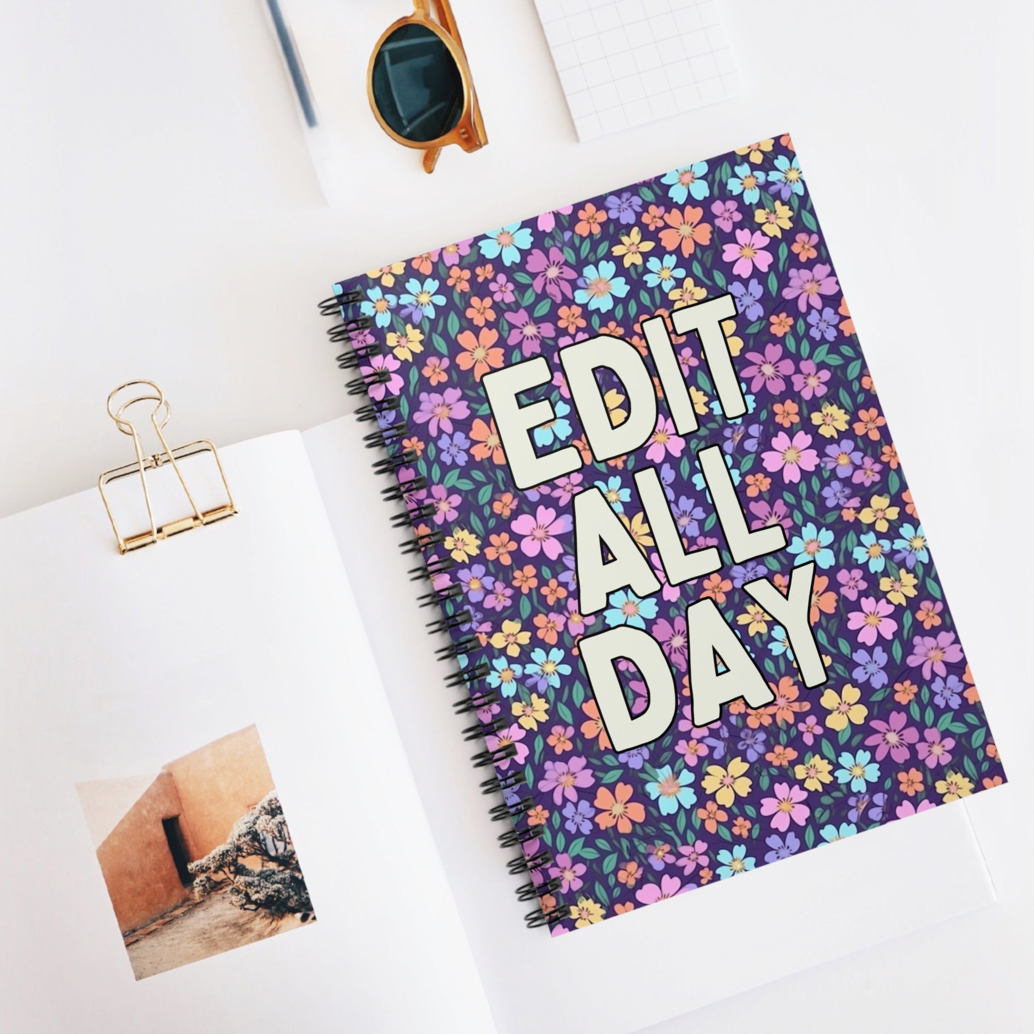 Floral Gift for Editor or Wedding Photographer: Edit All Day Spiral Notebook - Opal and June