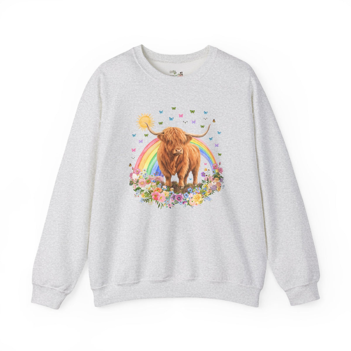 Floral Highland Cow Rainbow Sweatshirt with Butterflies for Animal Lover, Cute Nostalgic Maximalist Crewneck - Opal and June