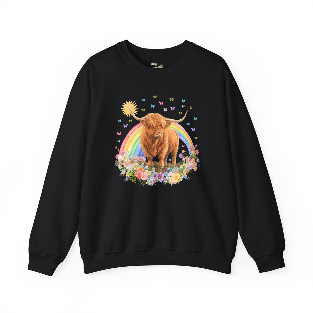 Floral Highland Cow Rainbow Sweatshirt with Butterflies for Animal Lover, Cute Nostalgic Maximalist Crewneck - Opal and June