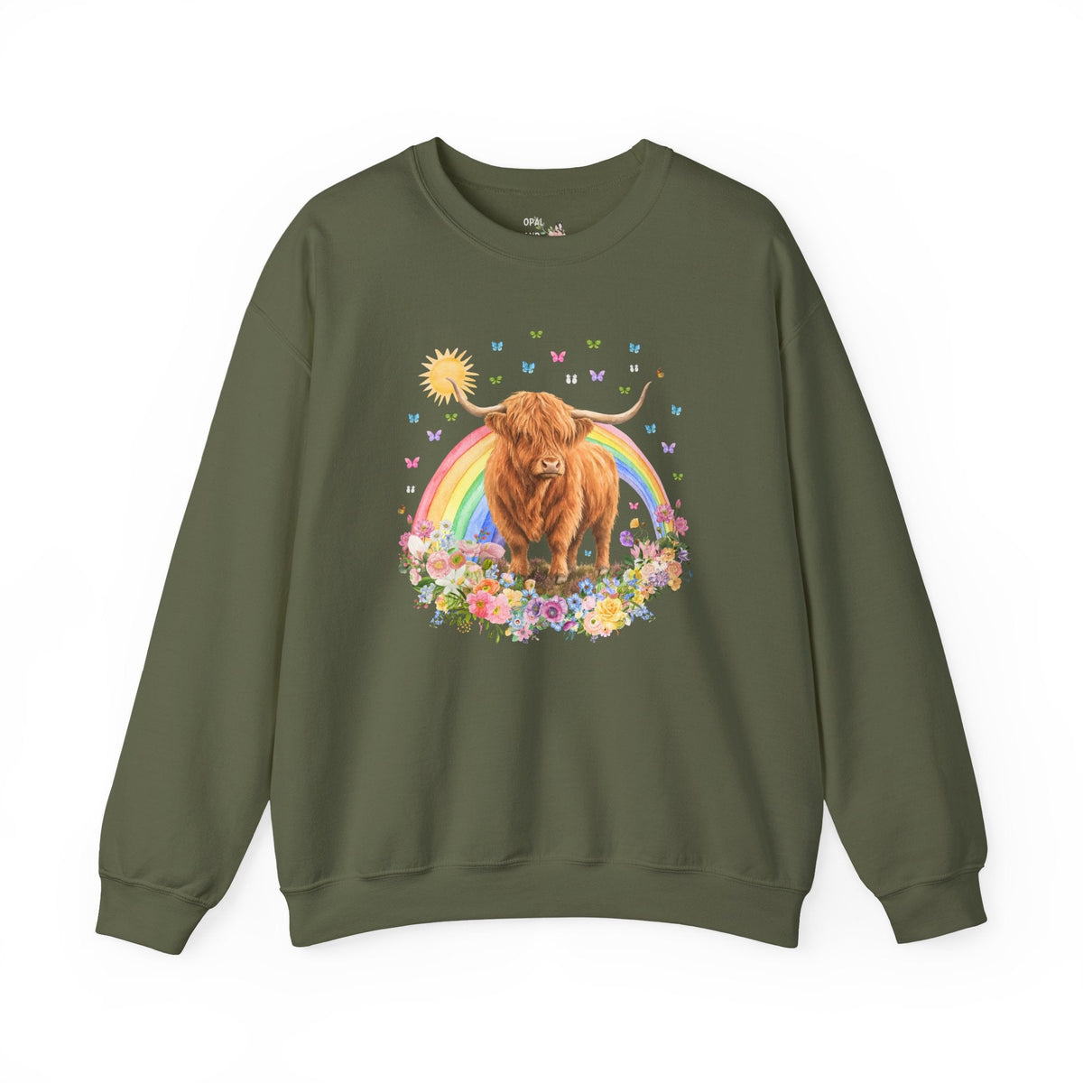 Floral Highland Cow Rainbow Sweatshirt with Butterflies for Animal Lover, Cute Nostalgic Maximalist Crewneck - Opal and June