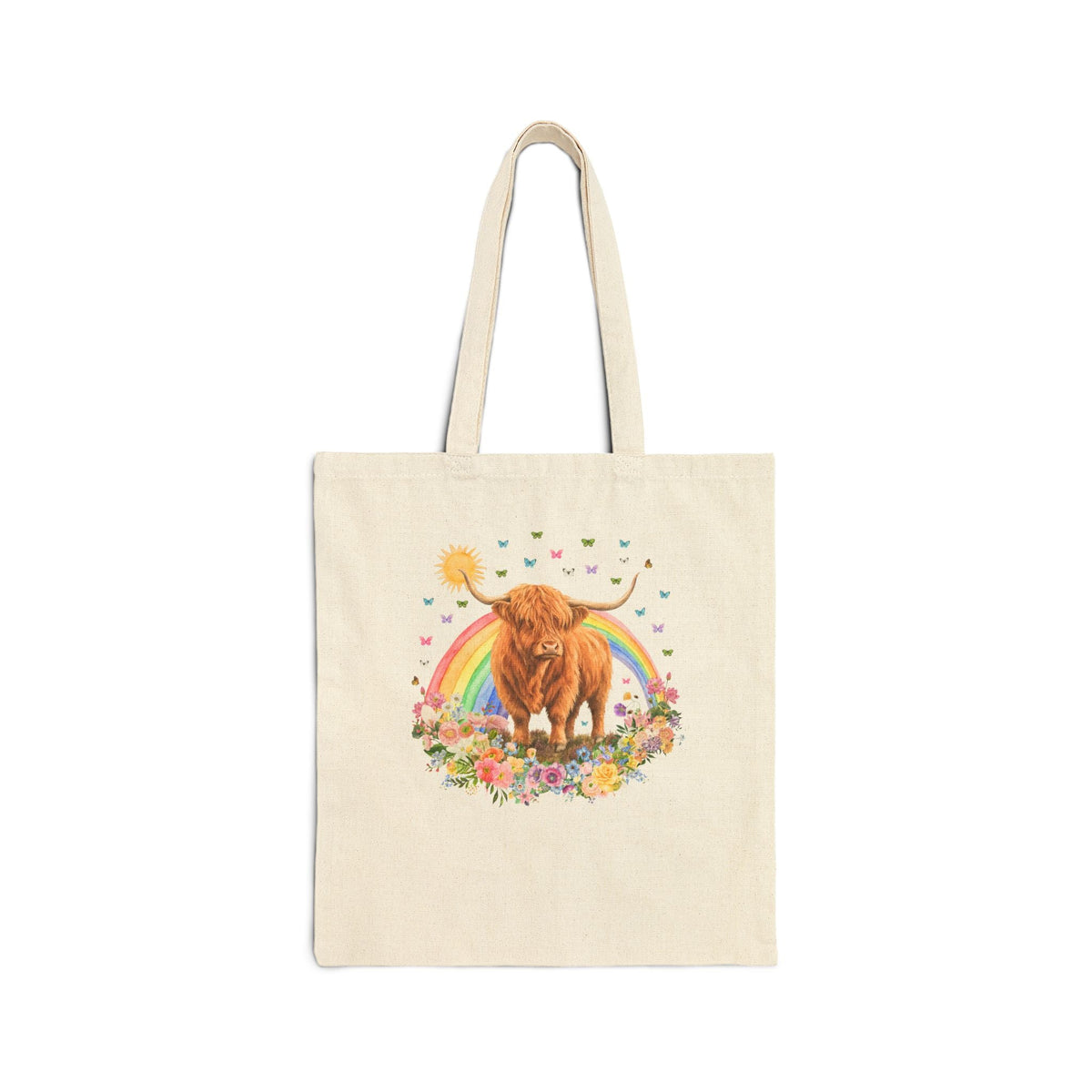 Floral Highland Cow Rainbow Tote Bag with Butterflies for Animal Lover, Cute Nostalgic Maximalist Tote - Opal and June