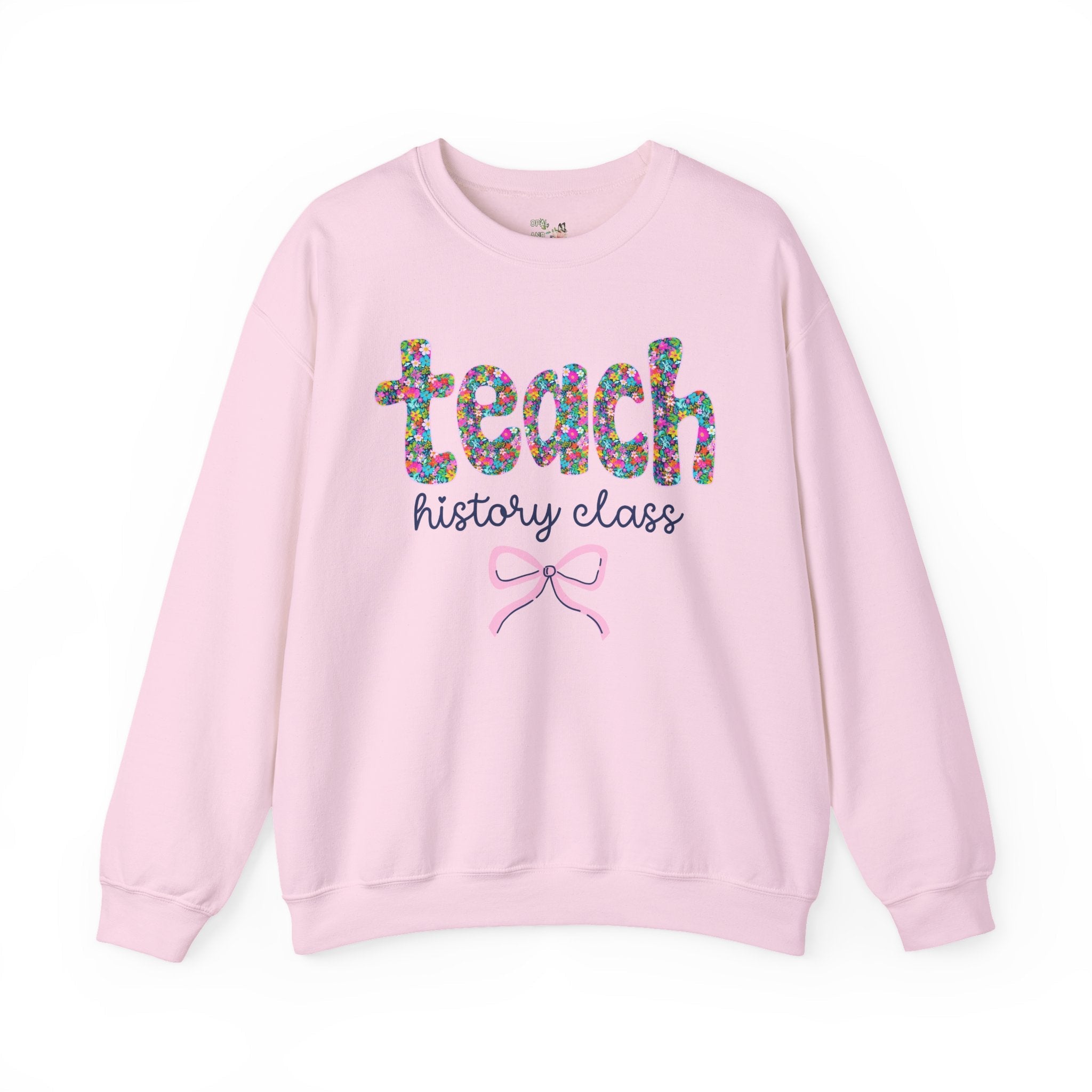 Floral History Teacher Sweatshirt, Colorful Flowers and Bow, Teacher Team Shirt for Back to School, New Teacher Gift, Teacher Appreciation - Opal and June