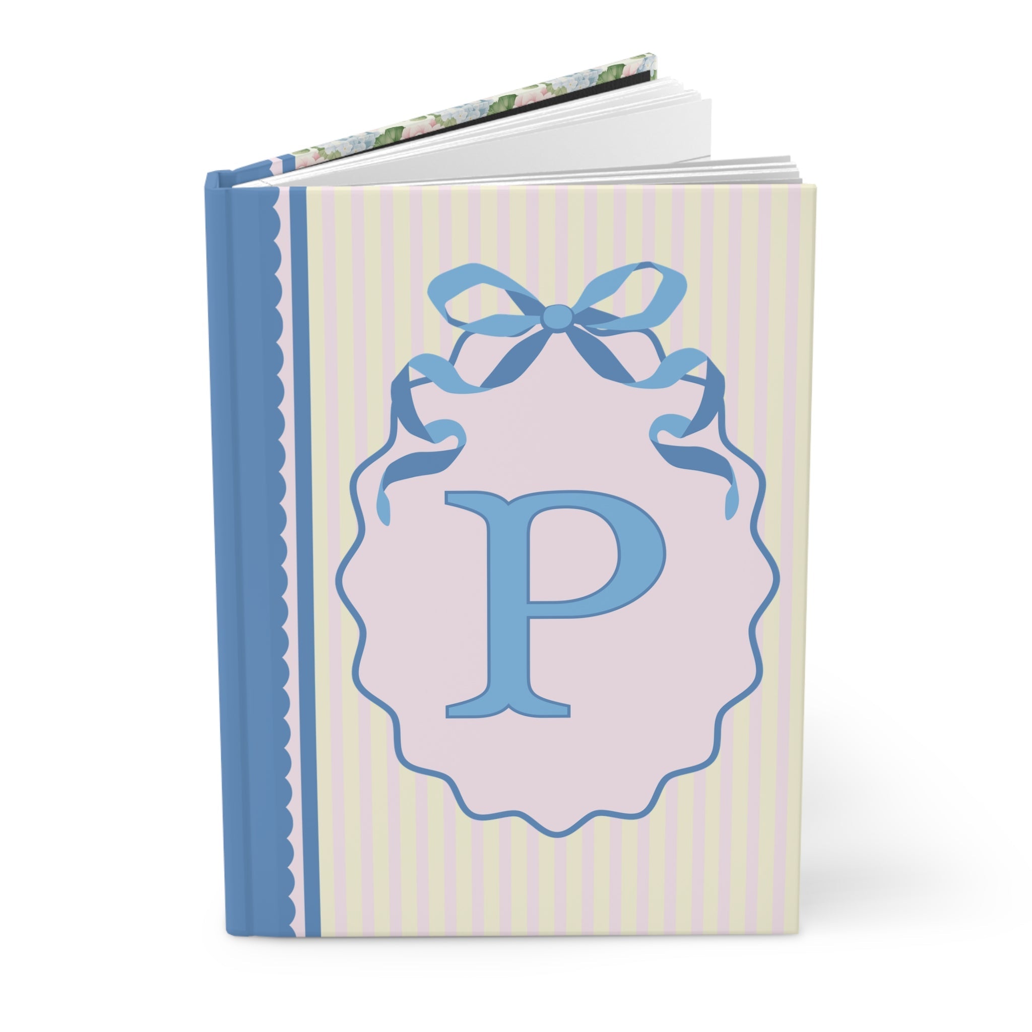Floral Initial Notebook with Butterflies and Ribbon, Pastel Striped Hardcover Notebook with Flowers: P - Opal and June