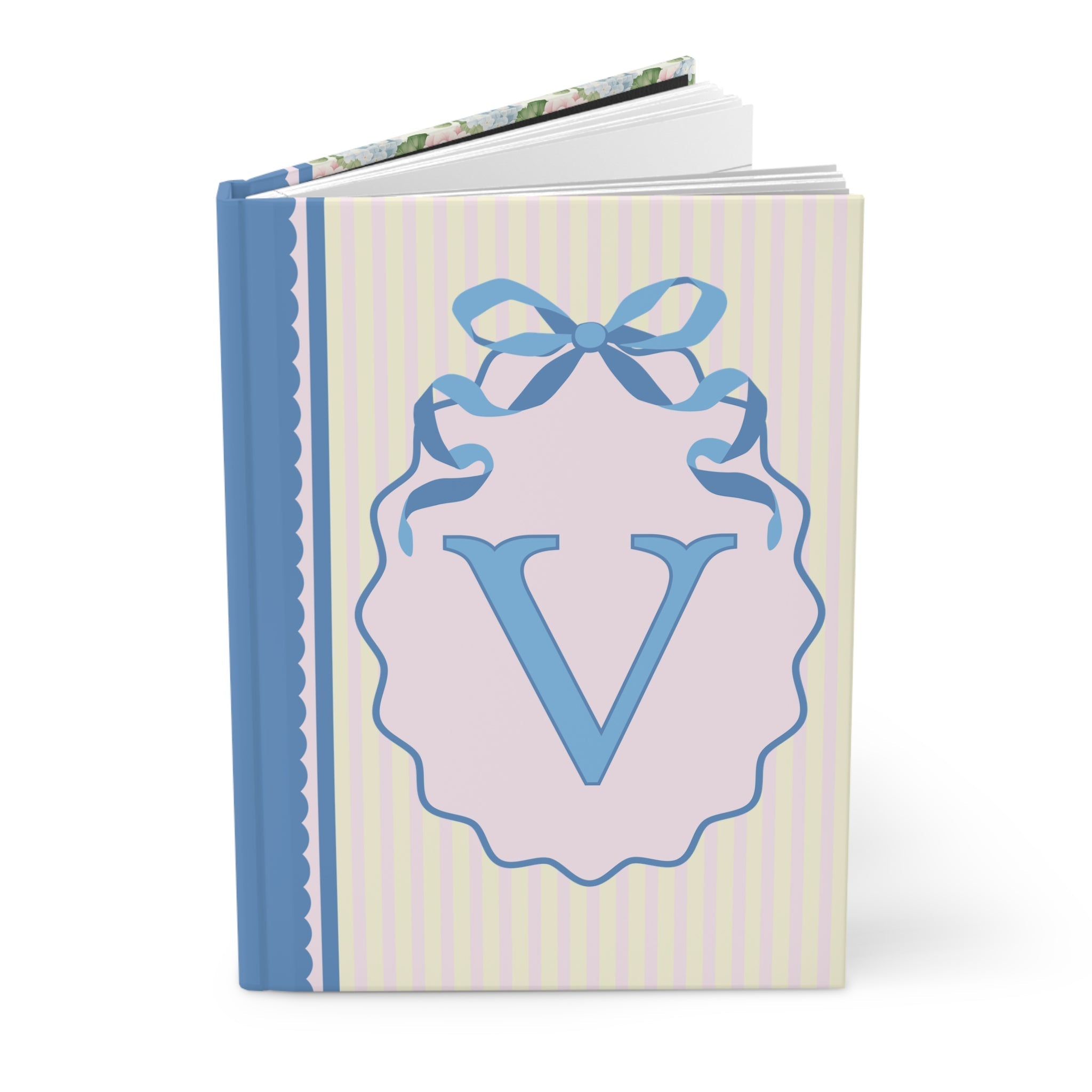 Floral Initial Notebook with Butterflies and Ribbon, Pastel Striped Hardcover Notebook with Flowers: V - Opal and June