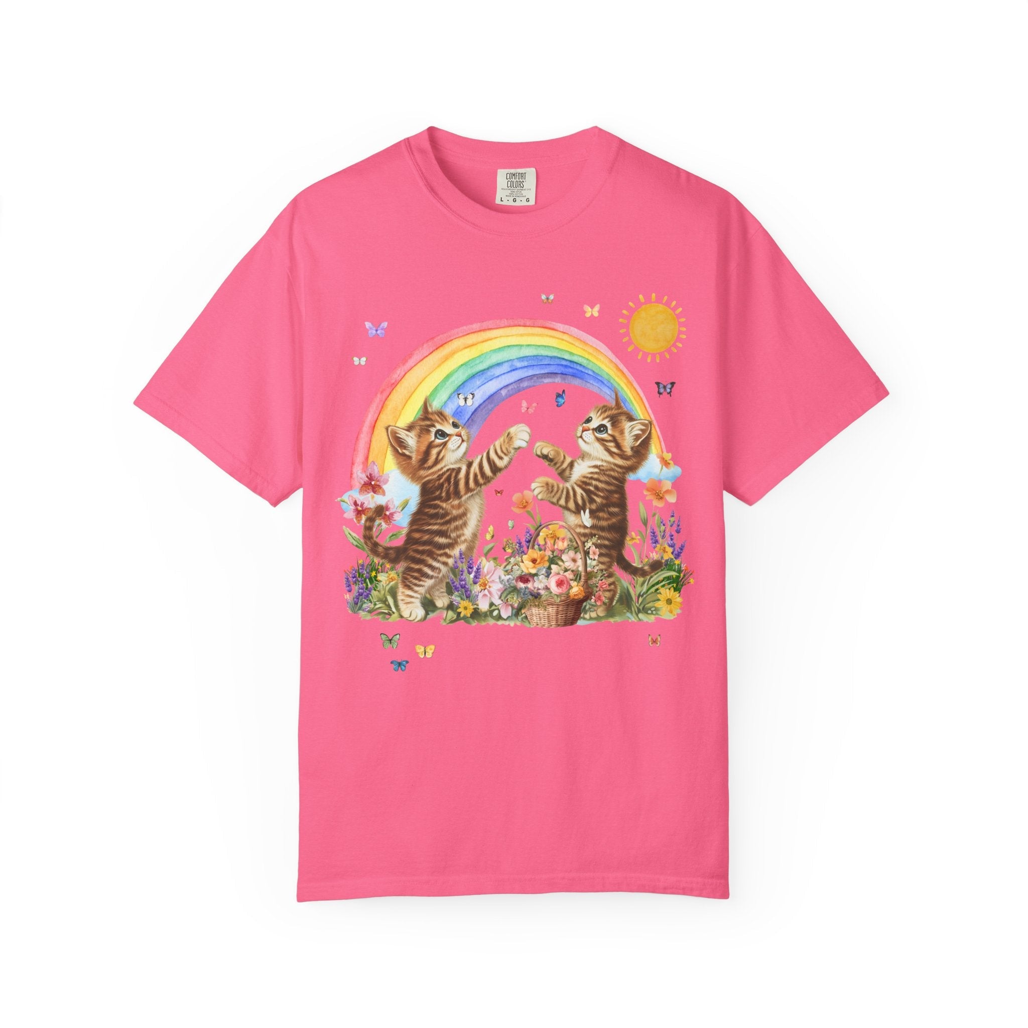 Floral Kitten Lover Tee Shirt with Flowers and Colorful Rainbow, Kitschy 90s Throwback T-Shirt with Butterflies, Cat Mom or Cat Dad Gift - Opal and June