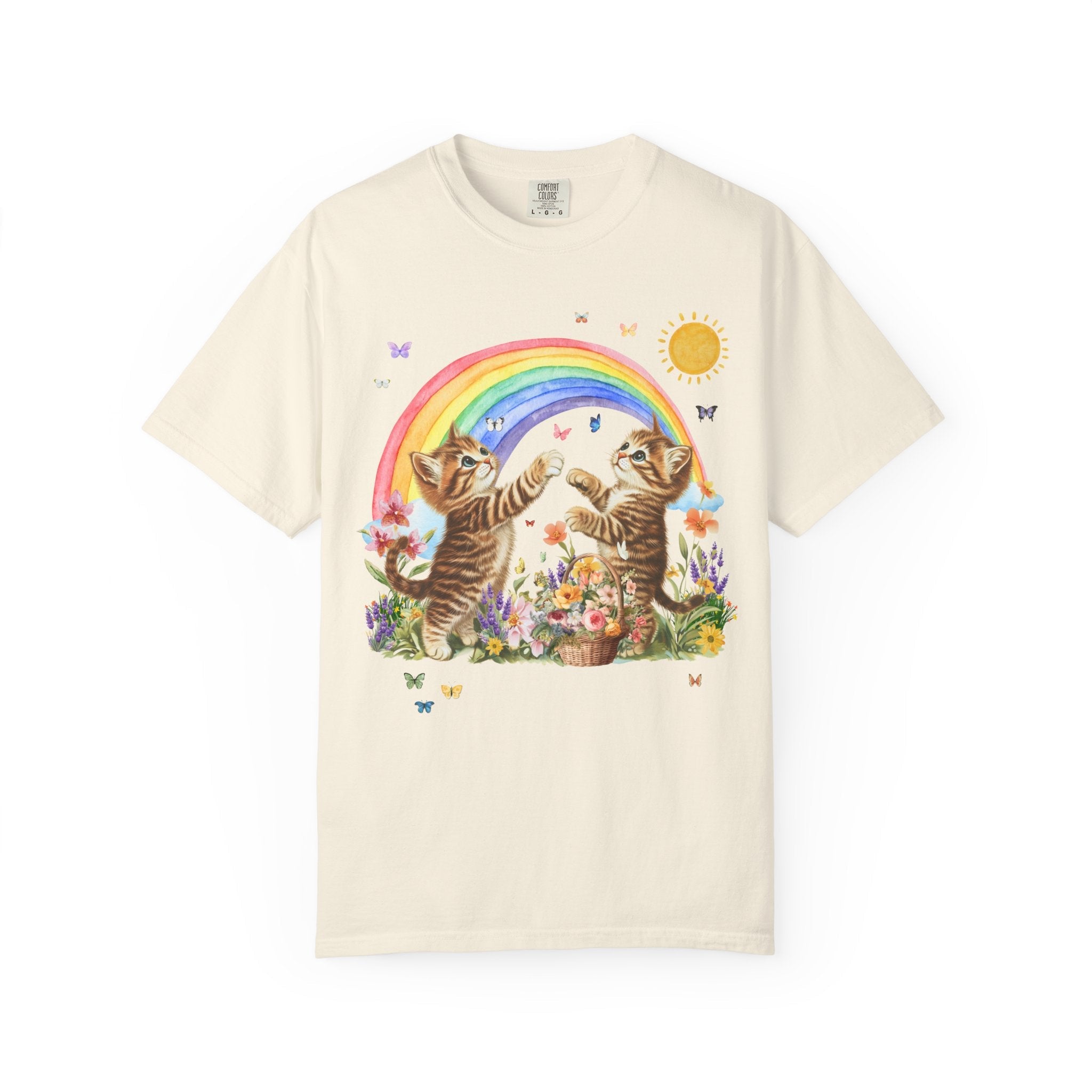 Floral Kitten Lover Tee Shirt with Flowers and Colorful Rainbow, Kitschy 90s Throwback T-Shirt with Butterflies, Cat Mom or Cat Dad Gift - Opal and June
