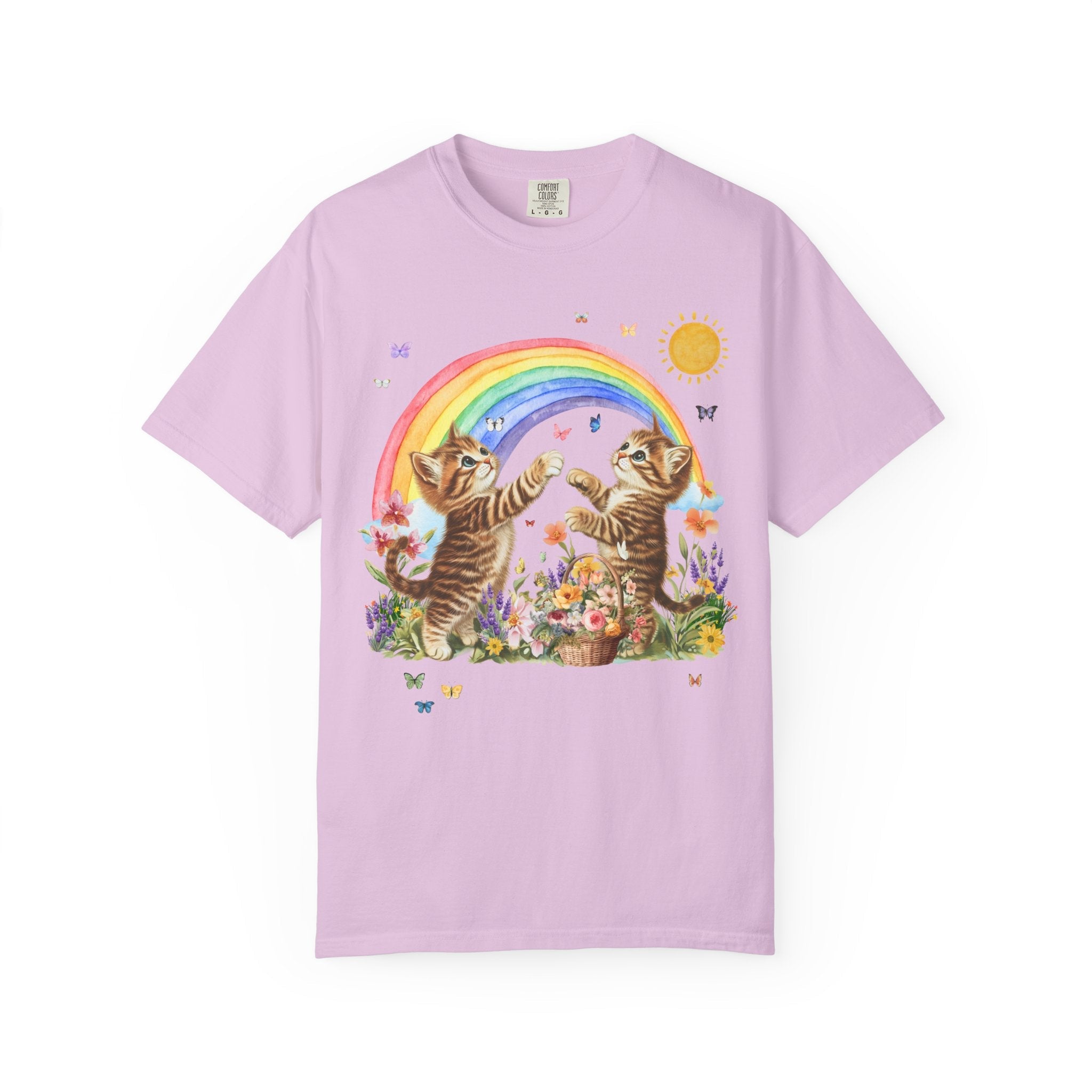 Floral Kitten Lover Tee Shirt with Flowers and Colorful Rainbow, Kitschy 90s Throwback T-Shirt with Butterflies, Cat Mom or Cat Dad Gift - Opal and June