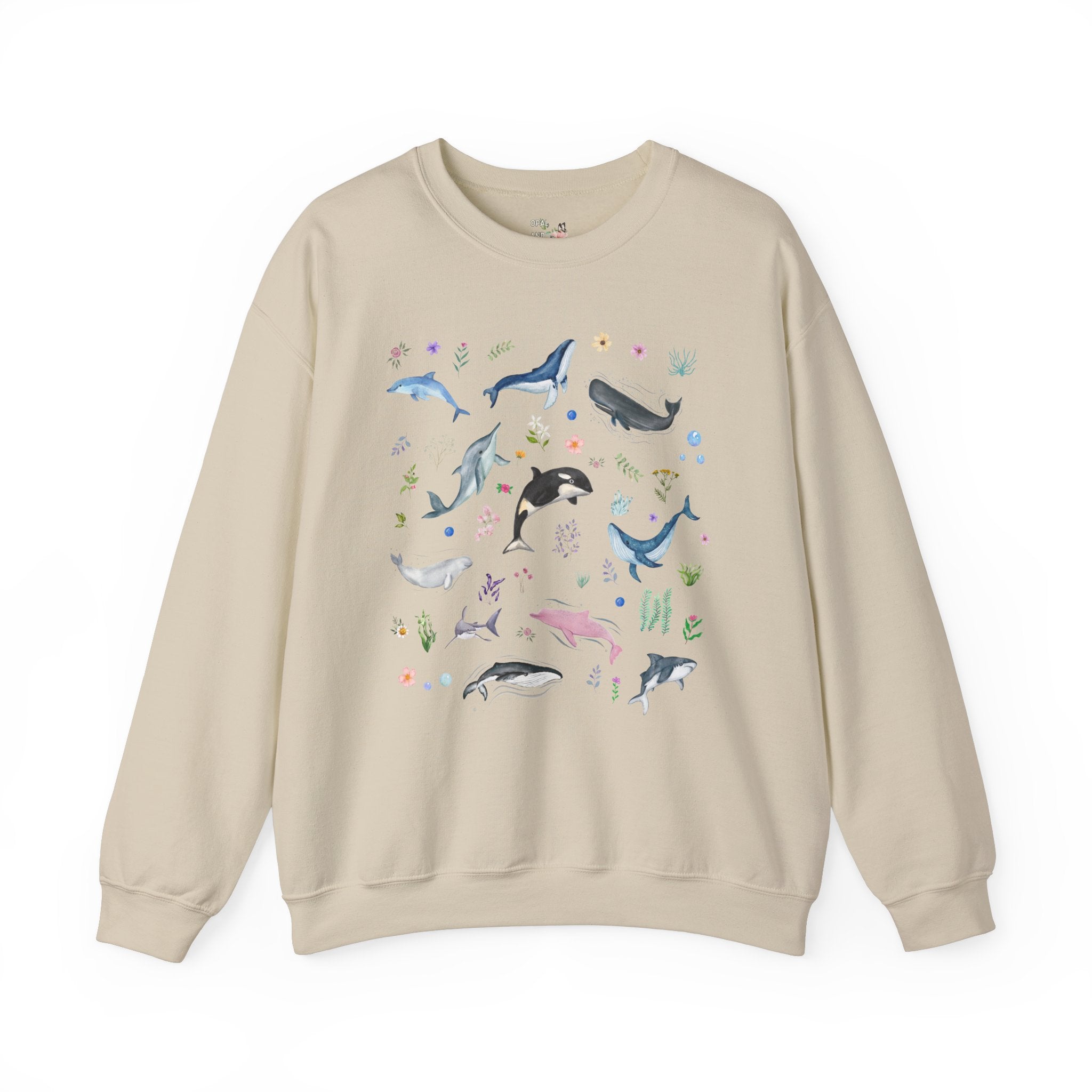 Floral Ocean Animal Sweatshirt for Cruise Vacation or Trip to Beach, Colorful Maximalist Whales and Dolphins, Shark Lover Shirt with Flowers - Opal and June