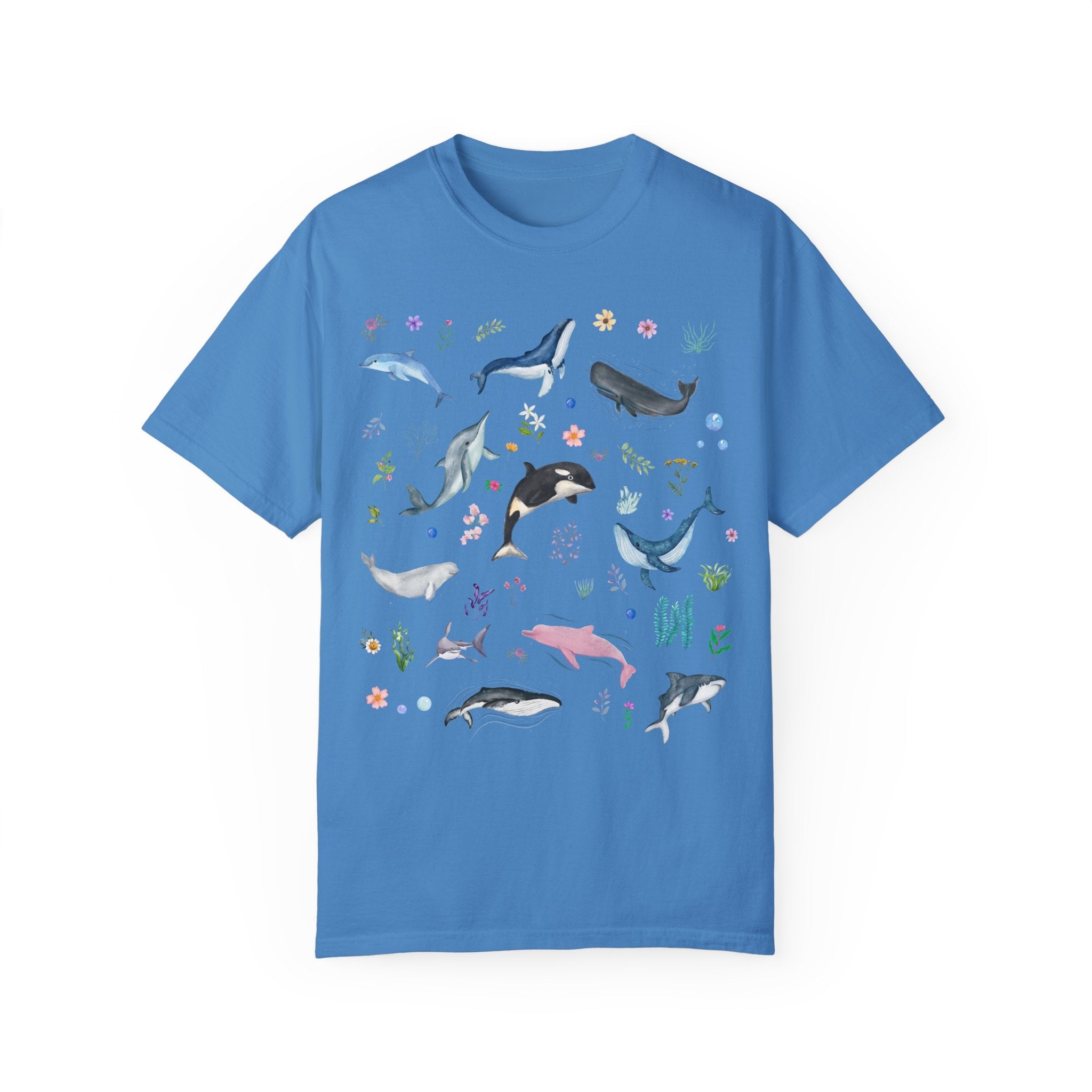 Floral Ocean Animal Tee Shirt for Cruise Vacation or Trip to Beach, Colorful Maximalist Whales and Dolphins, Shark Lover Shirt with Flowers - Opal and June