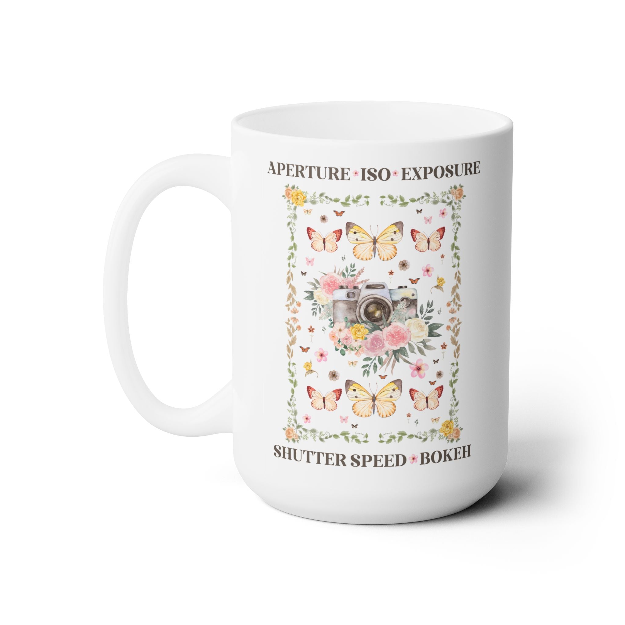 Floral Photographer Coffee Mug with Photography Terms for Wedding Photographer or Family Photographer who Loves Butterflies: Floral Cottagecore 15 Oz Mug - Opal and June