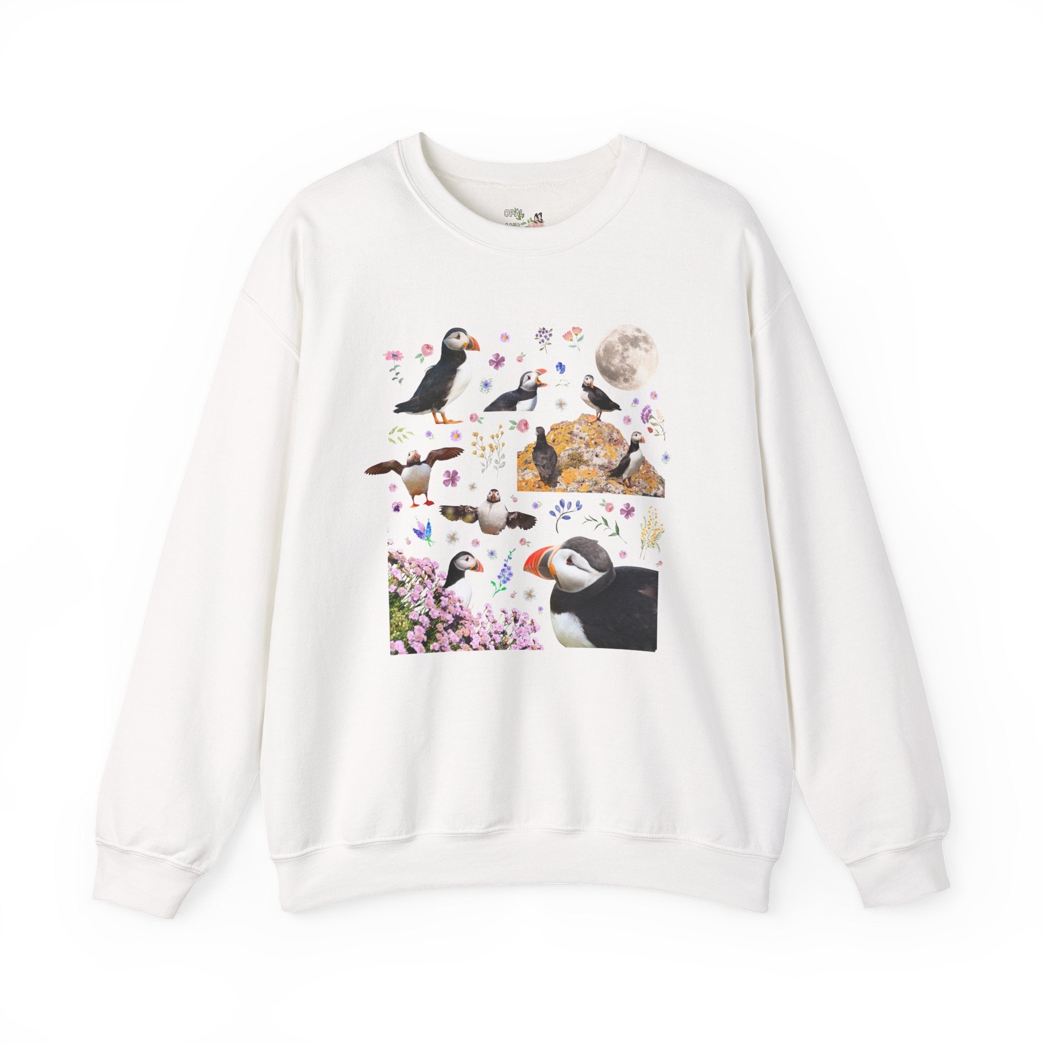 Floral Puffin Animal Lover Sweatshirt with Moon: Cute and Nostalgic Bird Lover or Watcher Crewneck, Marine Biologist, Conservation Scientist Gift - Opal and June
