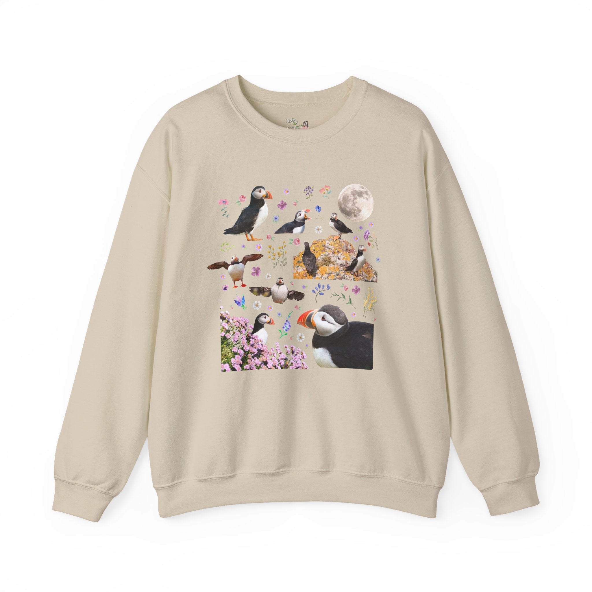 Floral Puffin Animal Lover Sweatshirt with Moon: Cute and Nostalgic Bird Lover or Watcher Crewneck, Marine Biologist, Conservation Scientist Gift - Opal and June