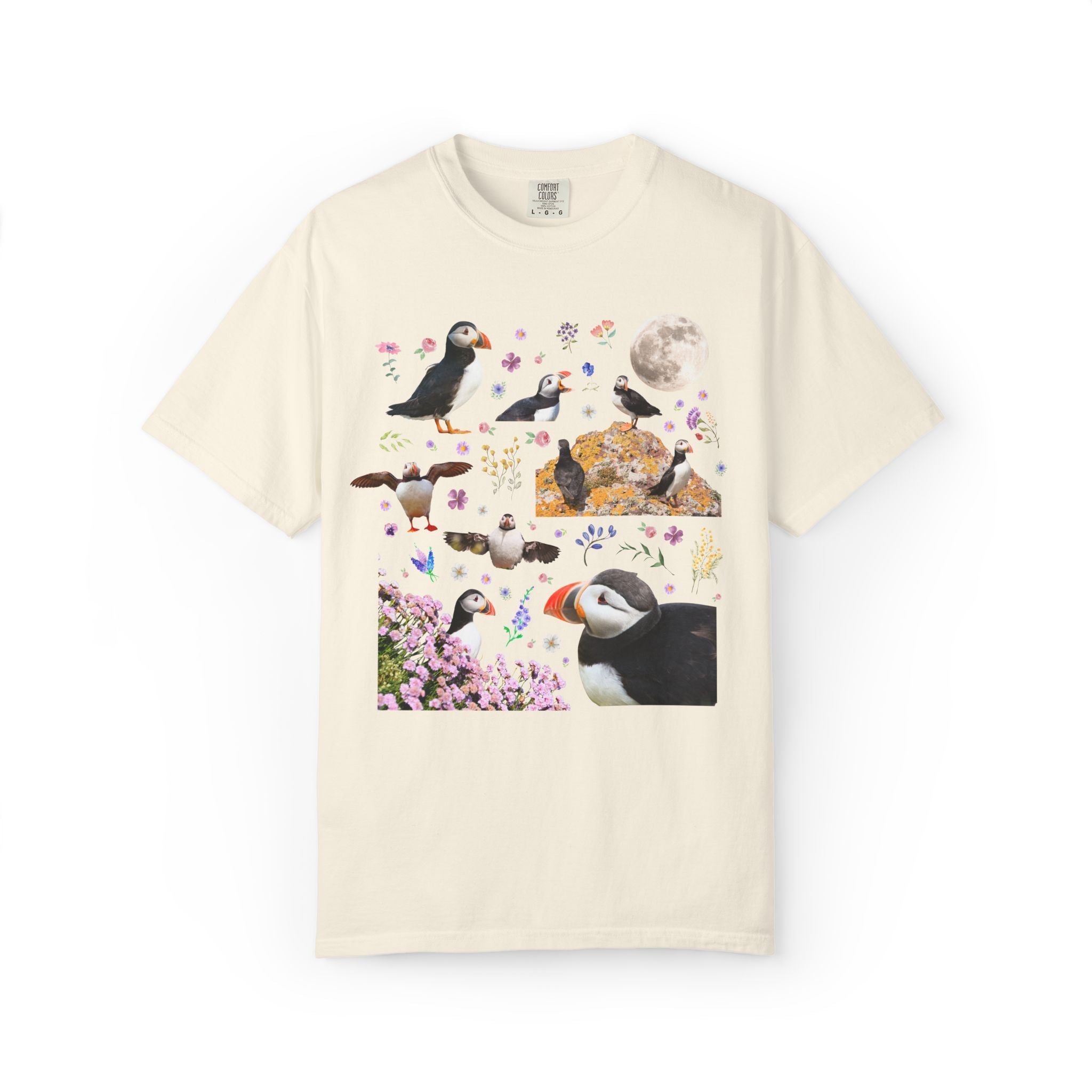 Floral Puffin Animal Lover Tee Shirt with Moon: Cute and Nostalgic Bird Lover or Watcher Tee, Marine Biologist, Conservation Scientist Gift - Opal and June